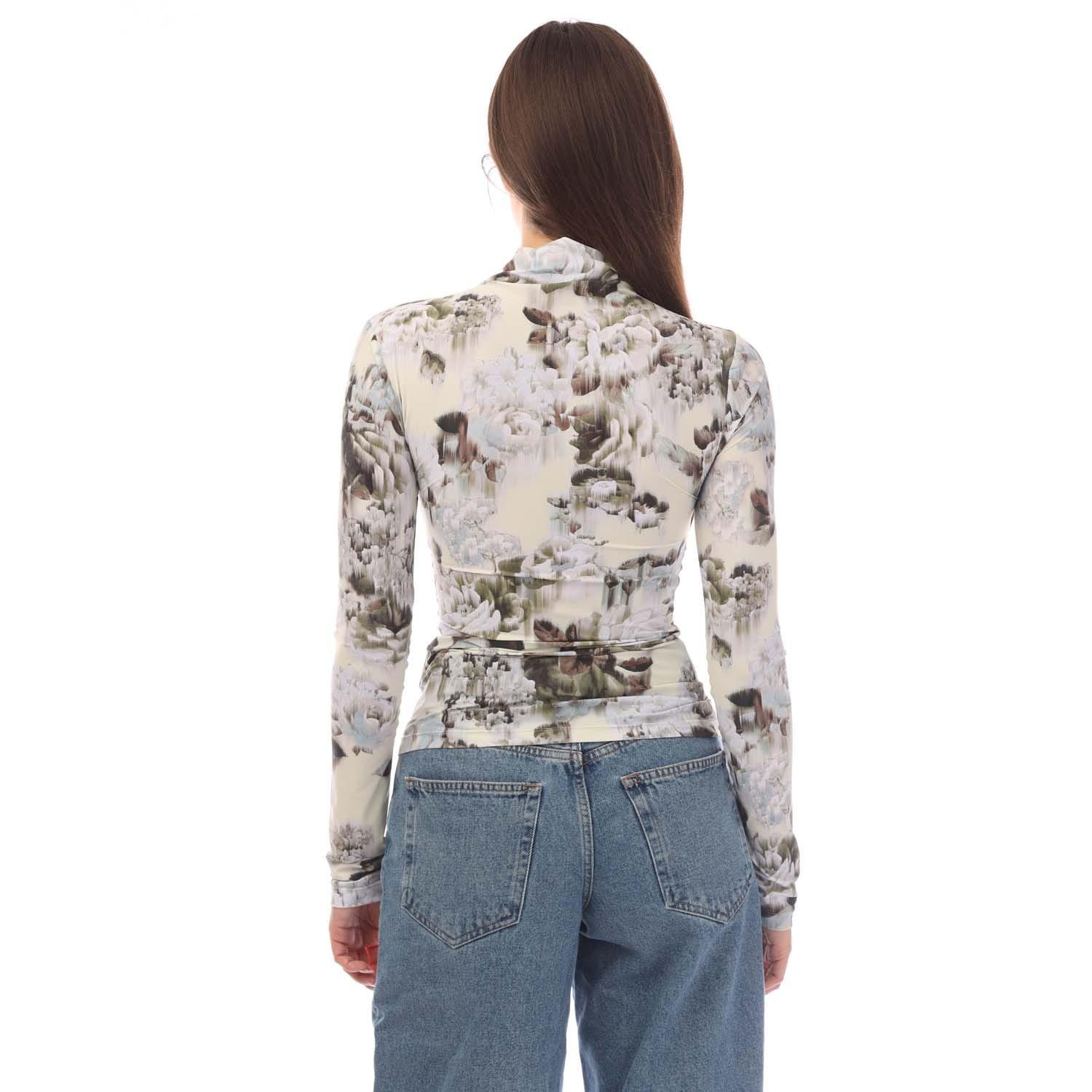 Grey - Off White - Women's Sec Skin Twist Long-Sleeve Top, Chinese Flower Pattern - 3