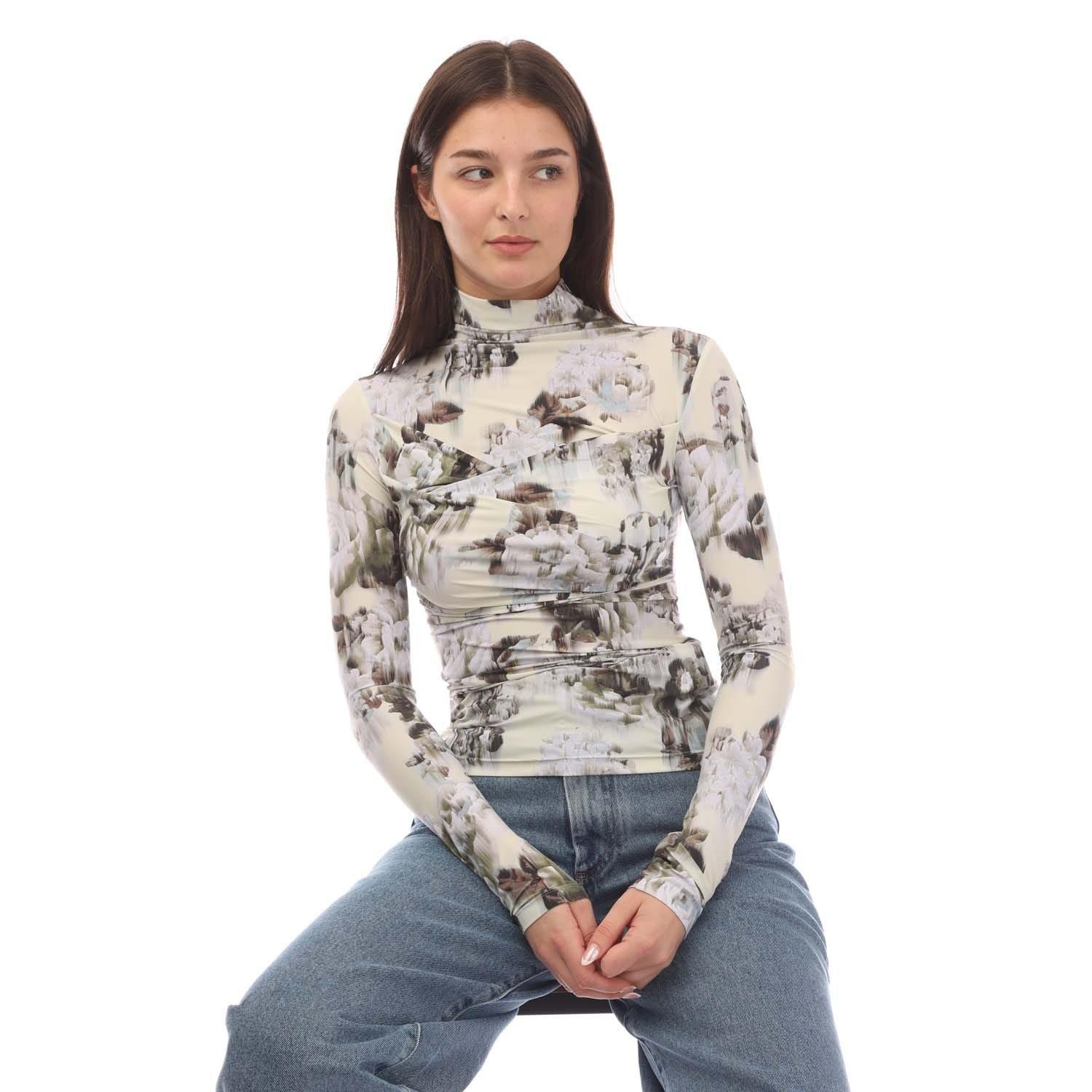 Grey - Off White - Women's Sec Skin Twist Long-Sleeve Top, Chinese Flower Pattern - 4
