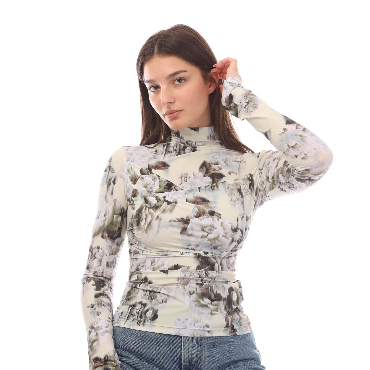 Grey - Off White - Women's Sec Skin Twist Long-Sleeve Top, Chinese Flower Pattern - 6