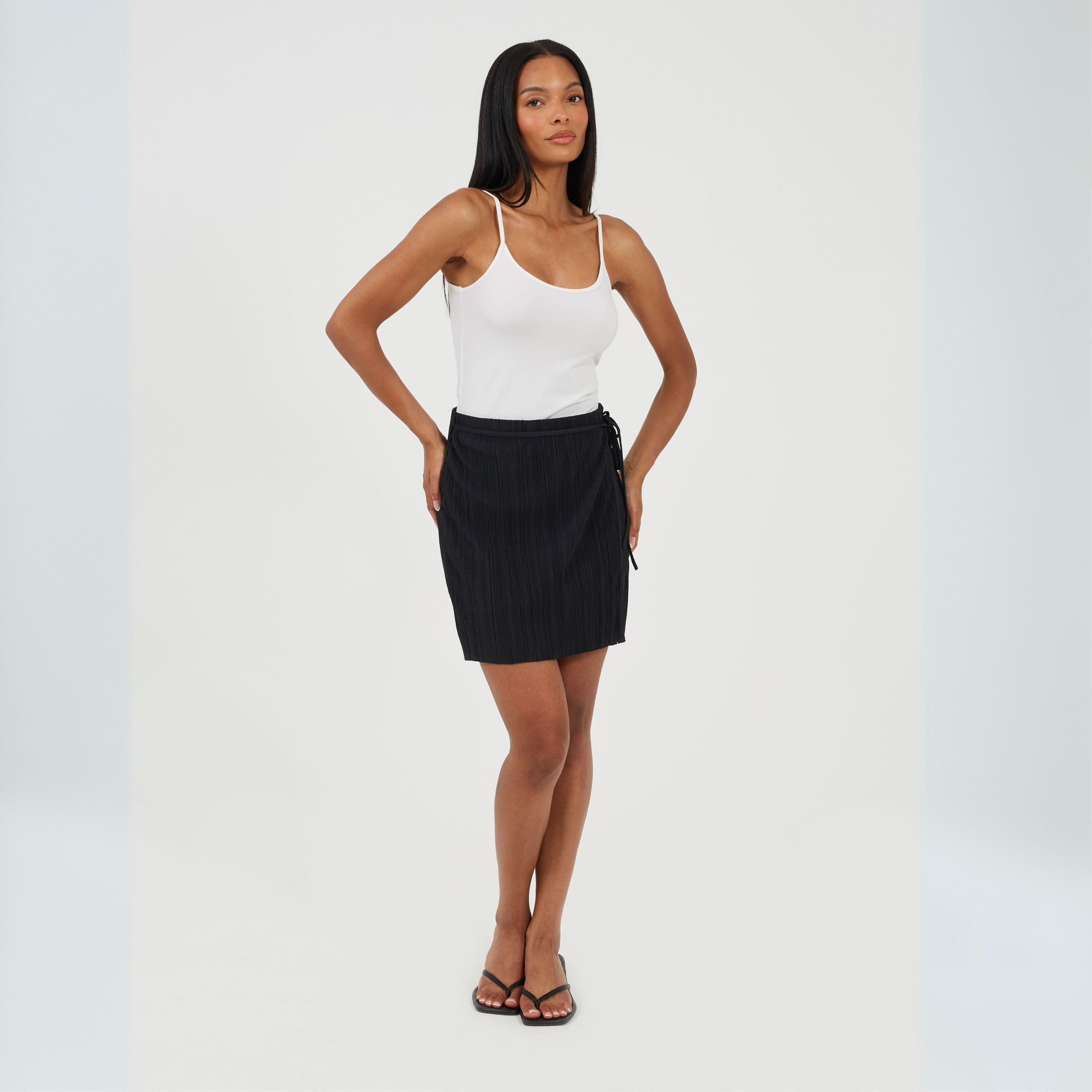 Black - Brave Soul - Womens Side Tie Plisse Mini Skirt - 4