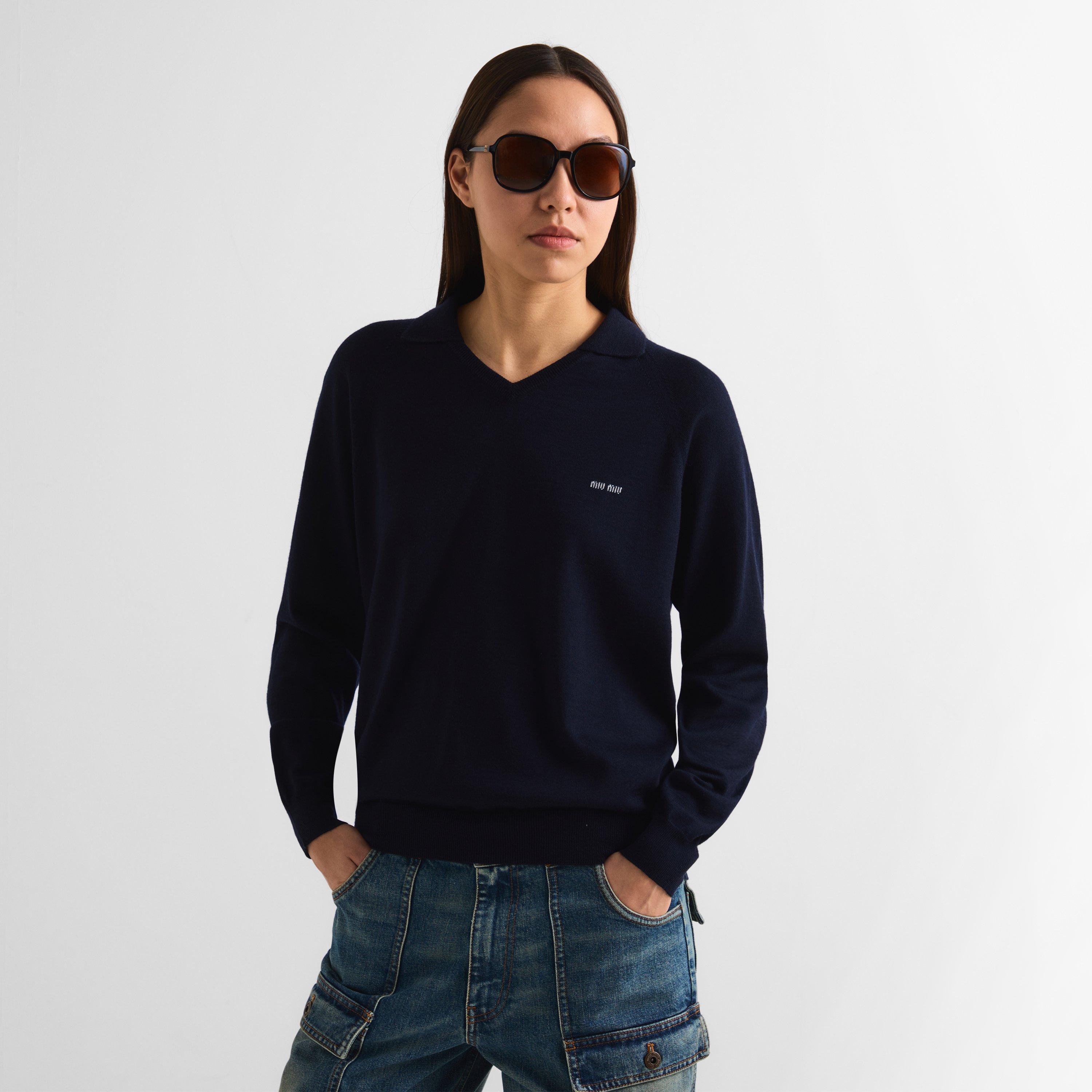 Blue Grigio - Miu Miu - Women's Knitted Long Sleeve Polo Shirt - 3