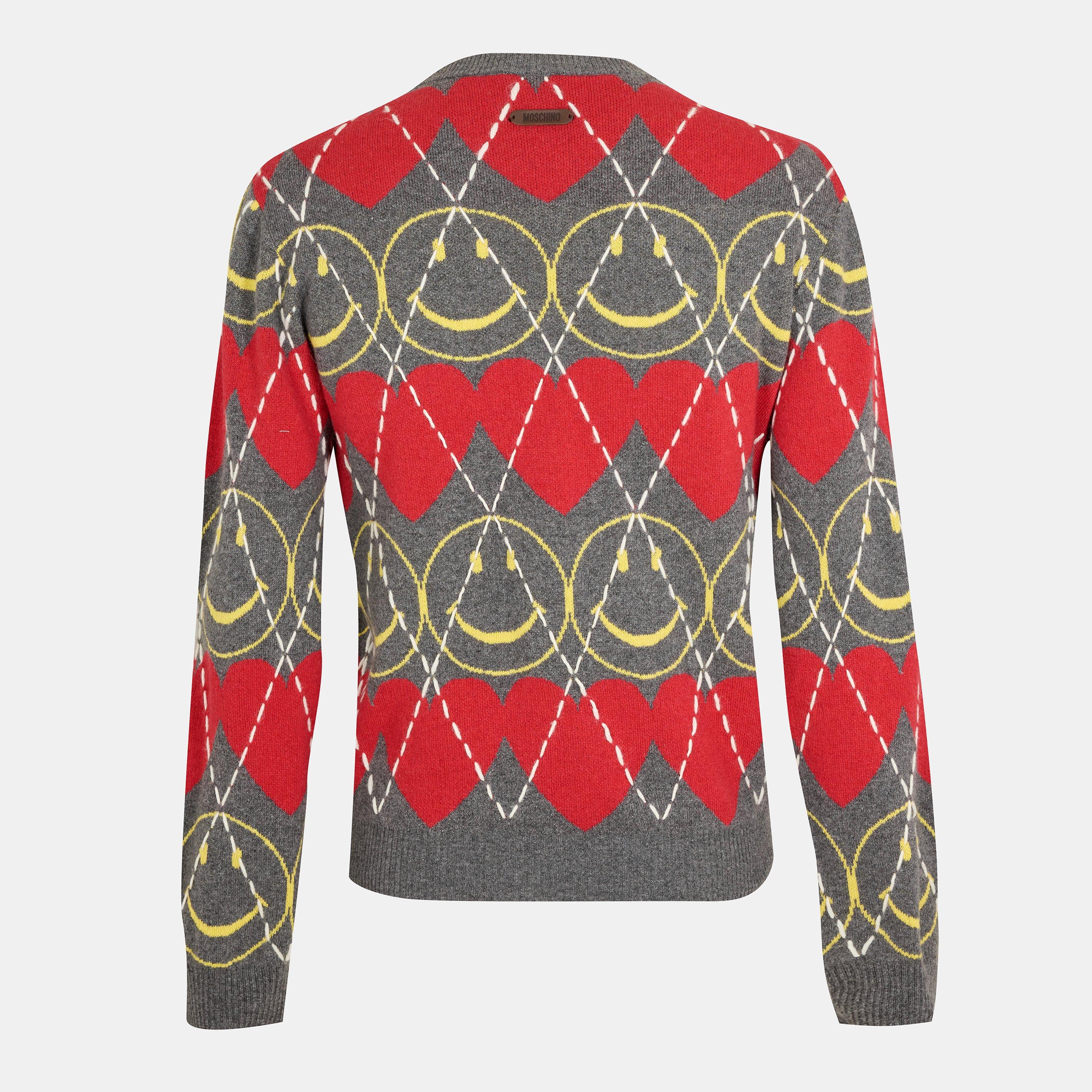 Grey Red - Moschino - Men's Smile Crew Neck Jumper - 2