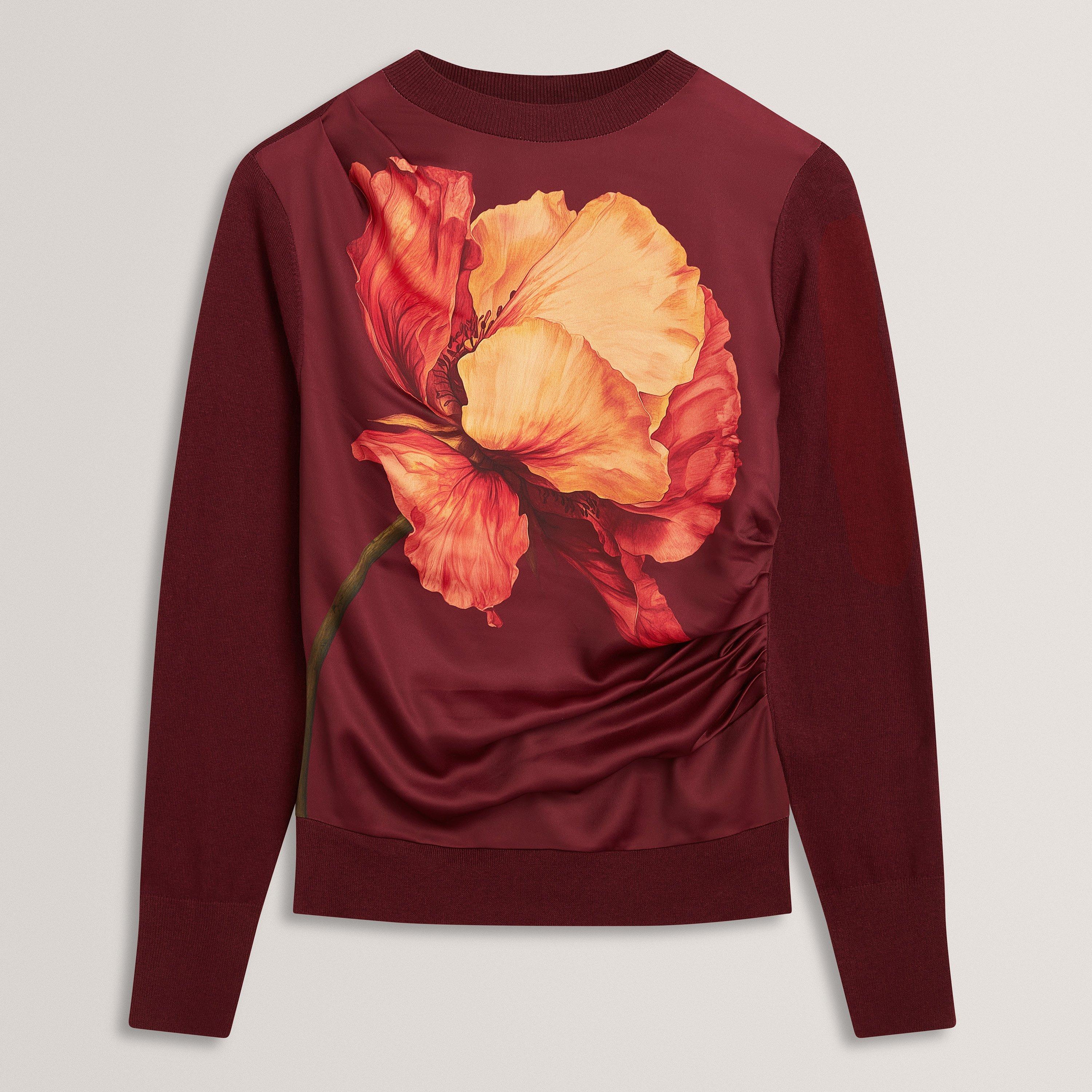 Oxblood - Ted Baker - Ted Printed Satin Front Fine Knit Top - 1