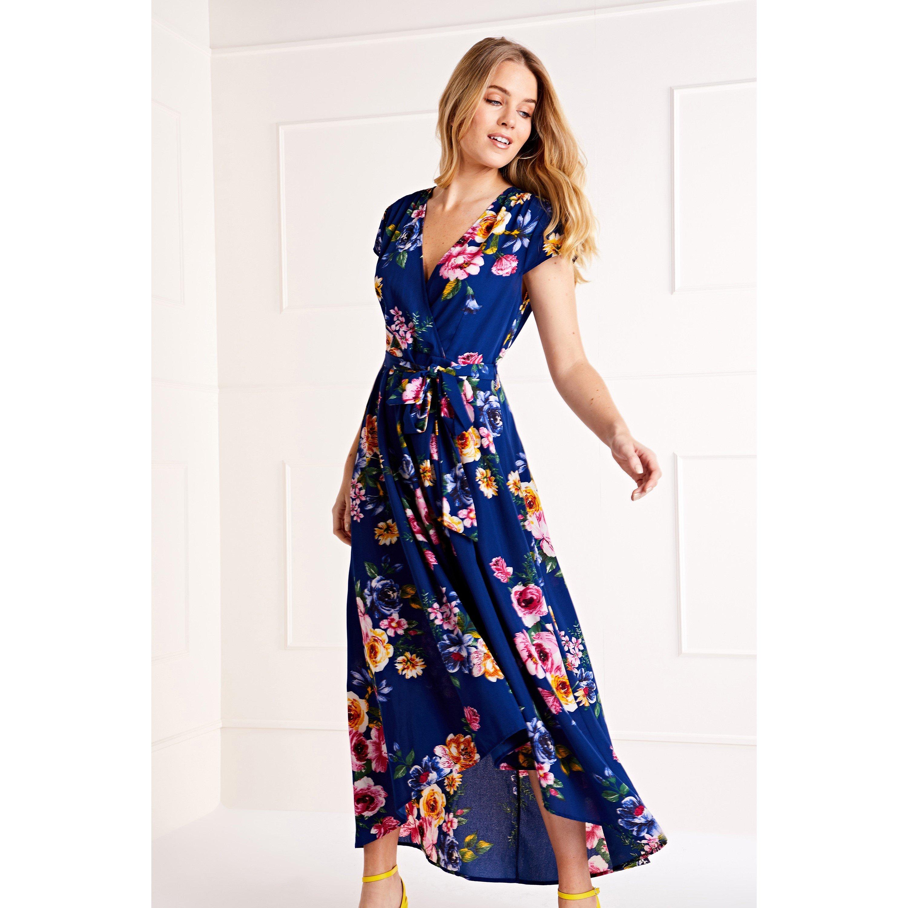 Navy - Mela London - Blue Floral Dipped Hem Midi Dress - 1
