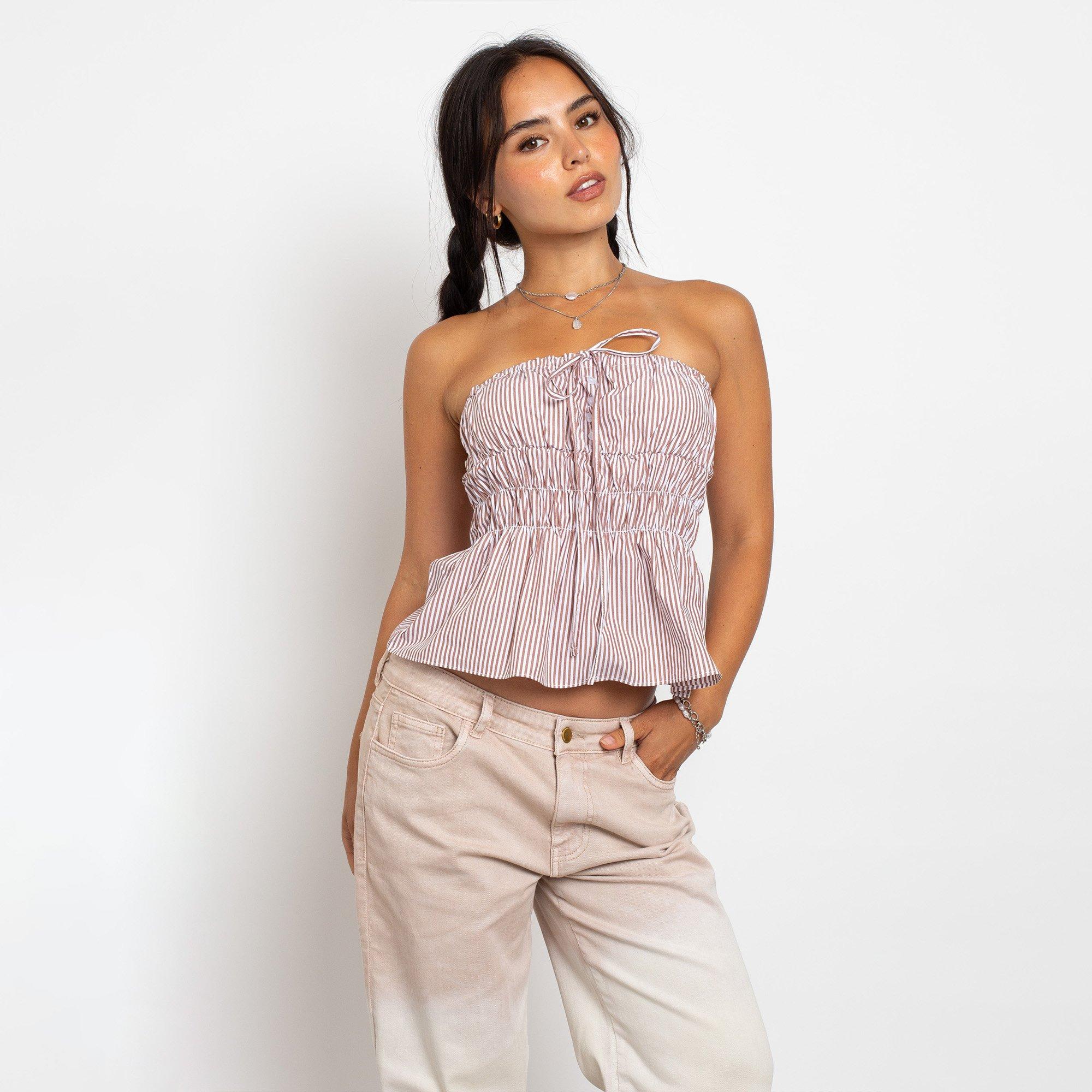 NATURAL STRIPE - Daisy Street - Womens Ruched Stripe Bandeau Top - 4