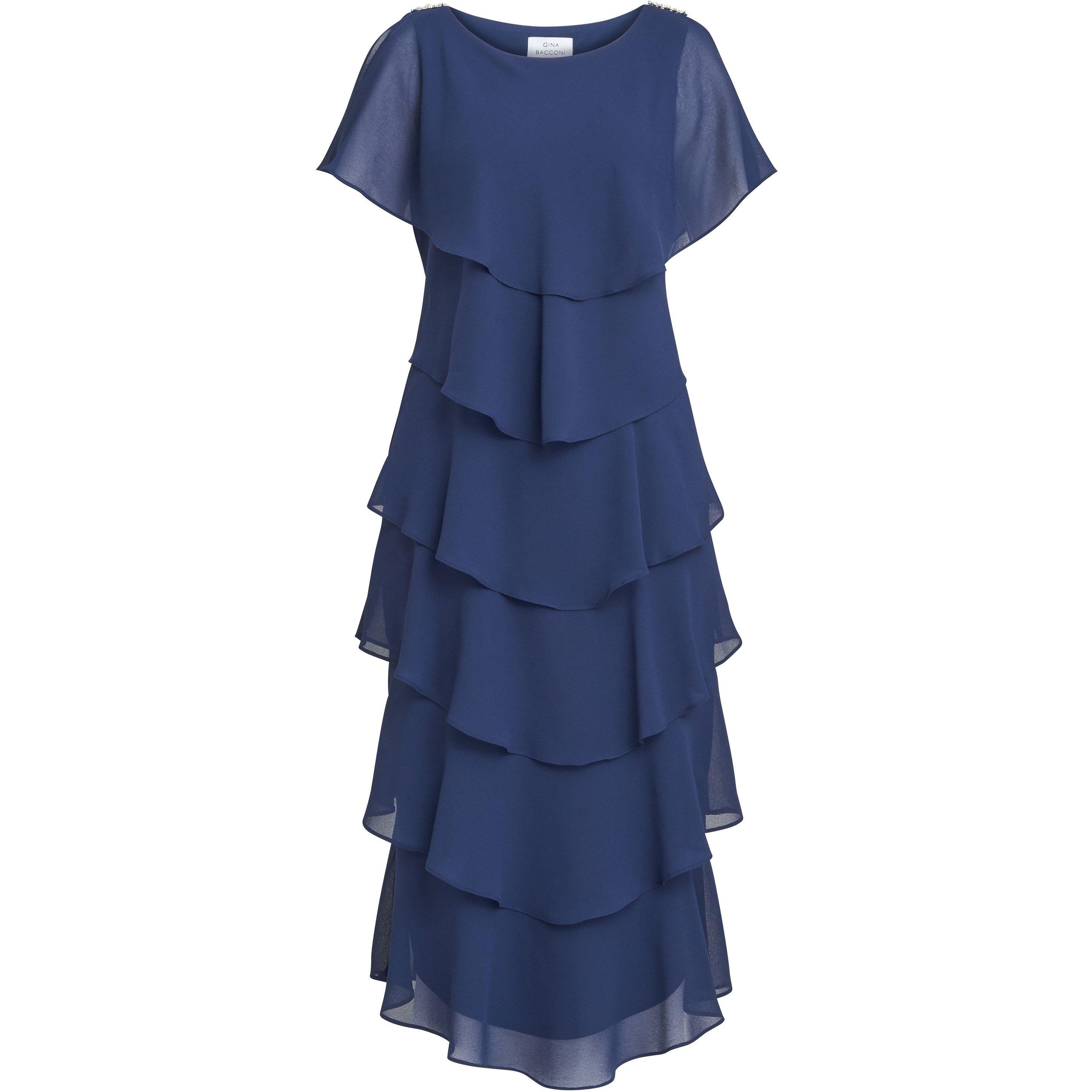 Navy - Gina Bacconi - Women's Tessa Midi Tiered Cocktail Dress - 4