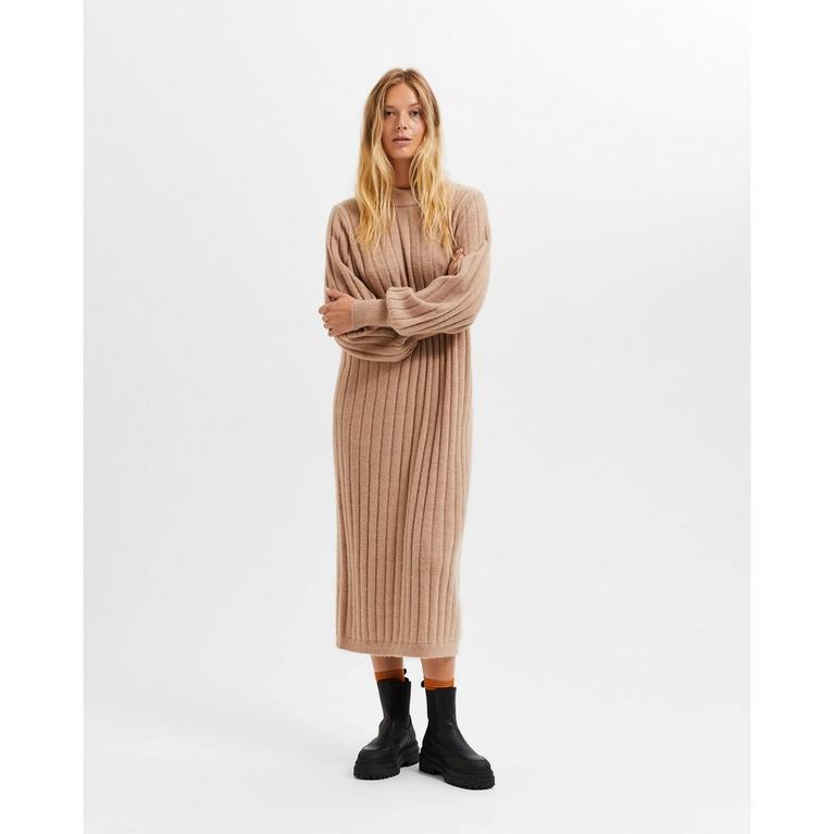 Taupe chaud - Selected Femme - Curved Ribbed Knitted Dress - 3