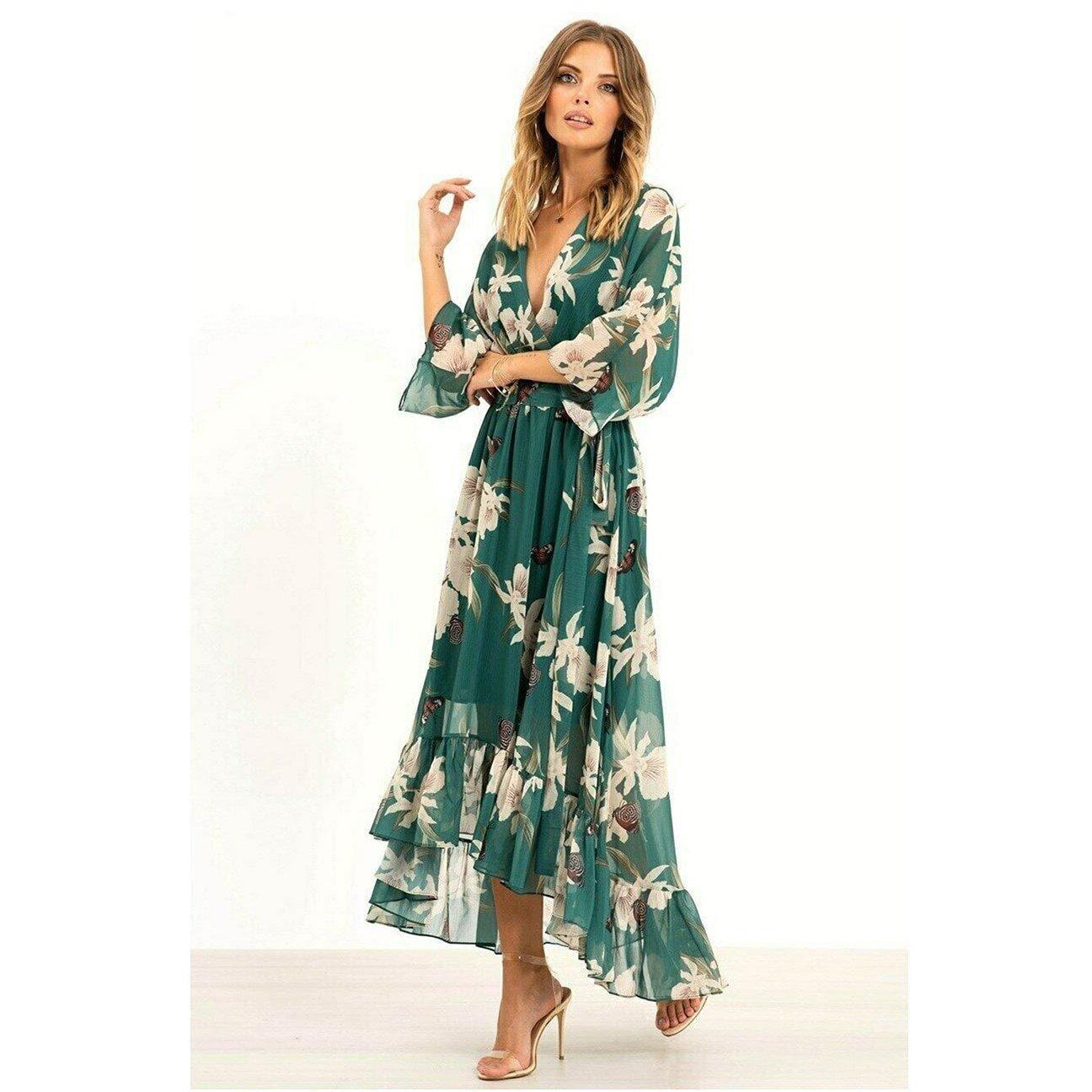 Green - Yumi - Urban Green Floral Kimono Wrap Dress - 2