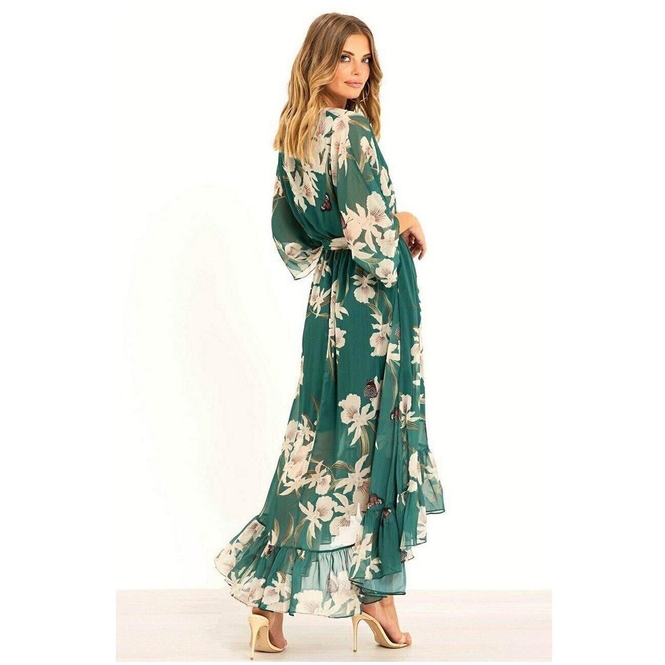 Green - Yumi - Urban Green Floral Kimono Wrap Dress - 3