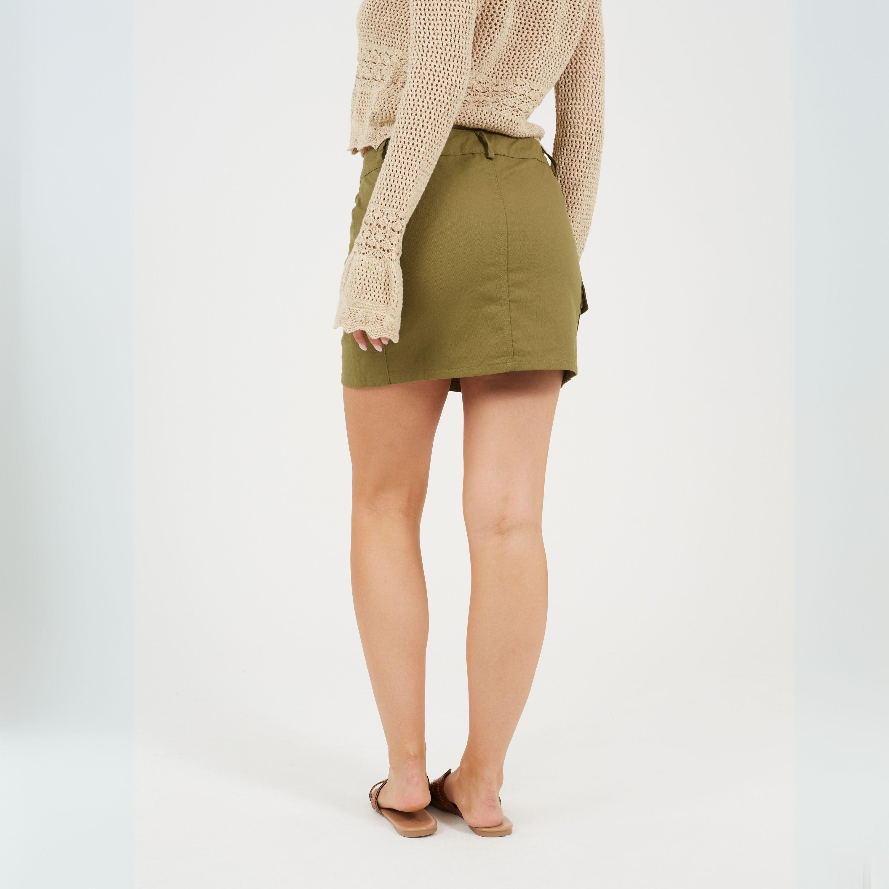 Khaki - Brave Soul - Womens Denim Mini Skirt with Cargo Pockets - 2