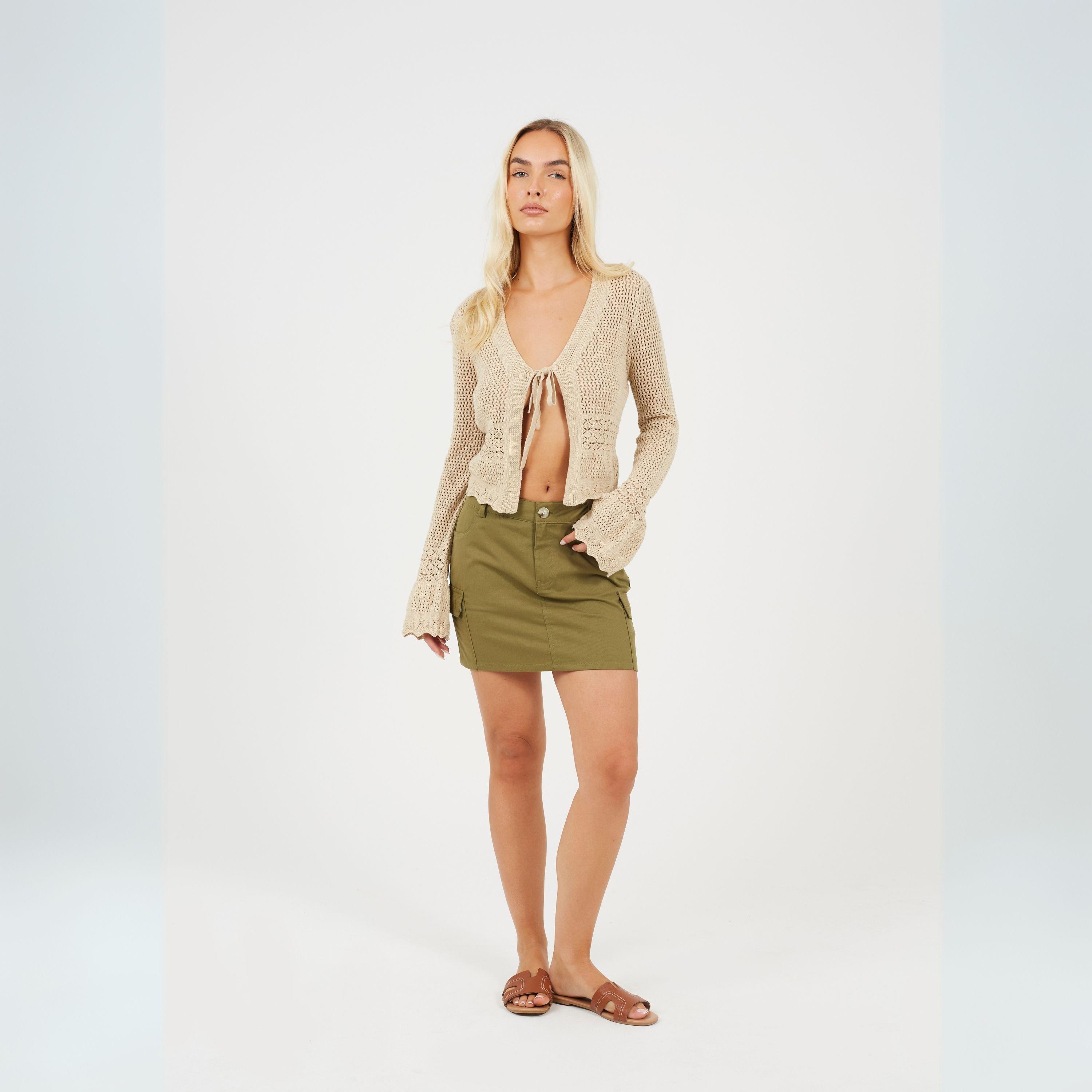 Khaki - Brave Soul - Womens Denim Mini Skirt with Cargo Pockets - 4