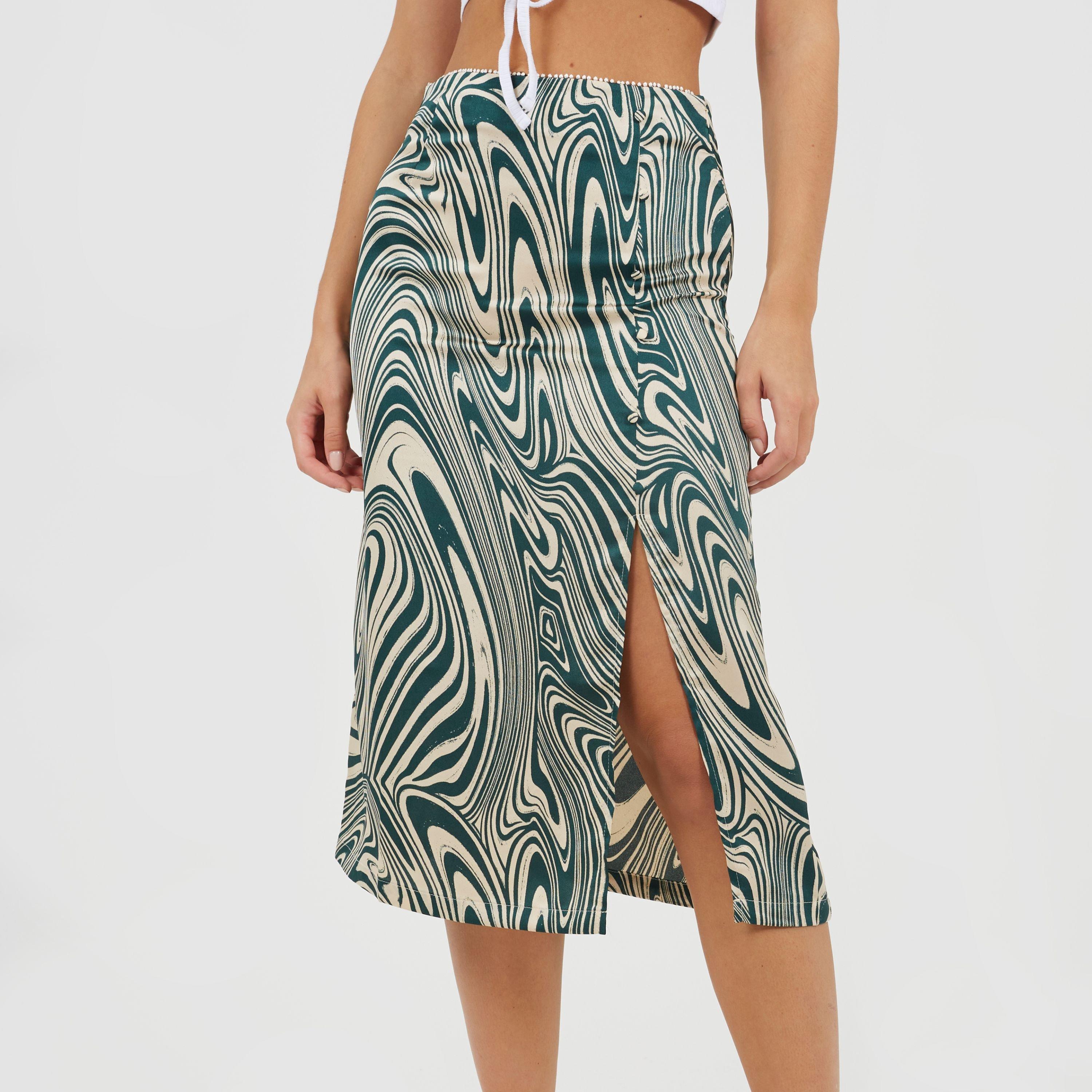 Brave Soul Women's Swirl Print Skirt With Buttons & Split - Green Swirl - 10 (S)