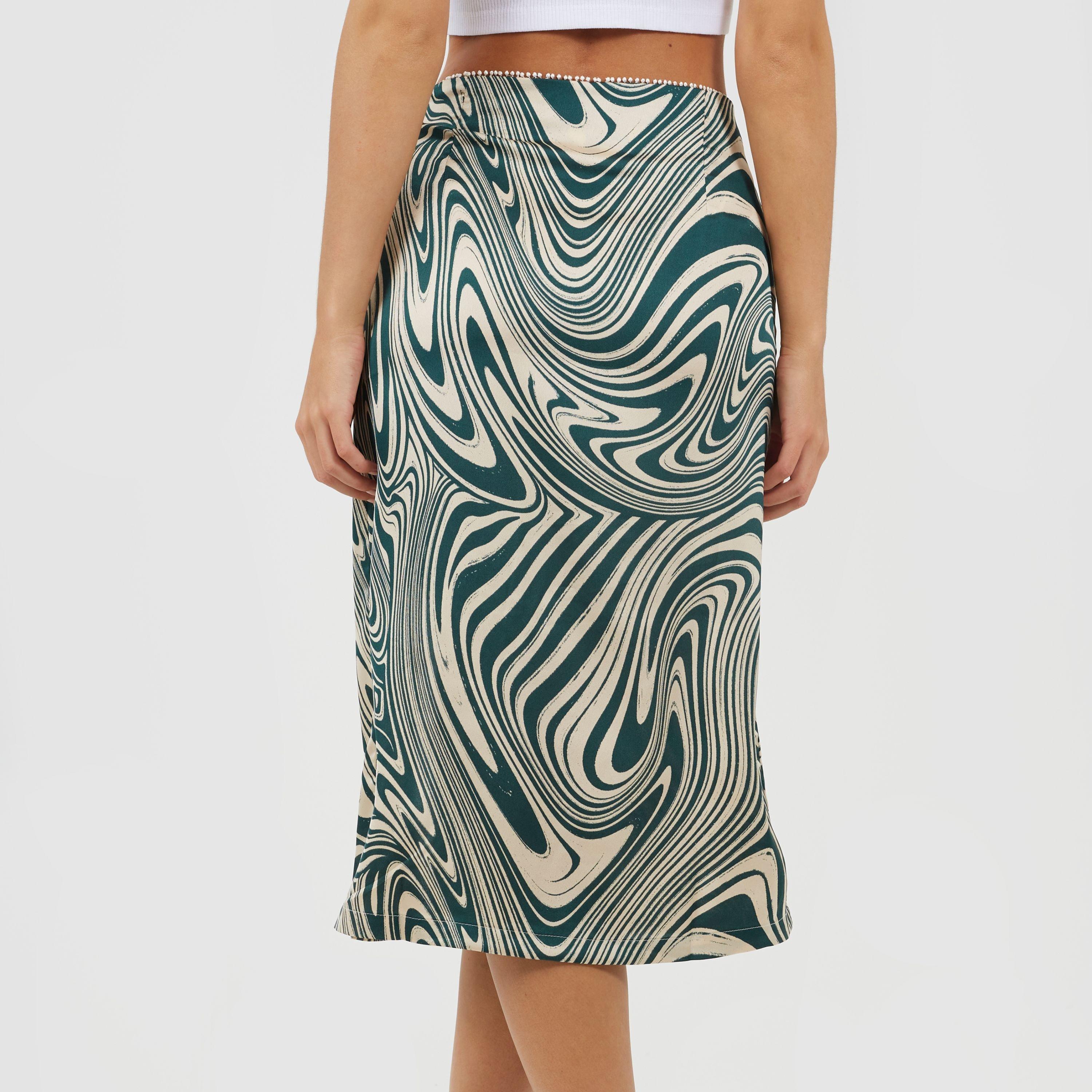 Green Swirl - Brave Soul - Womens Swirl Print Skirt with Buttons & Split - 2