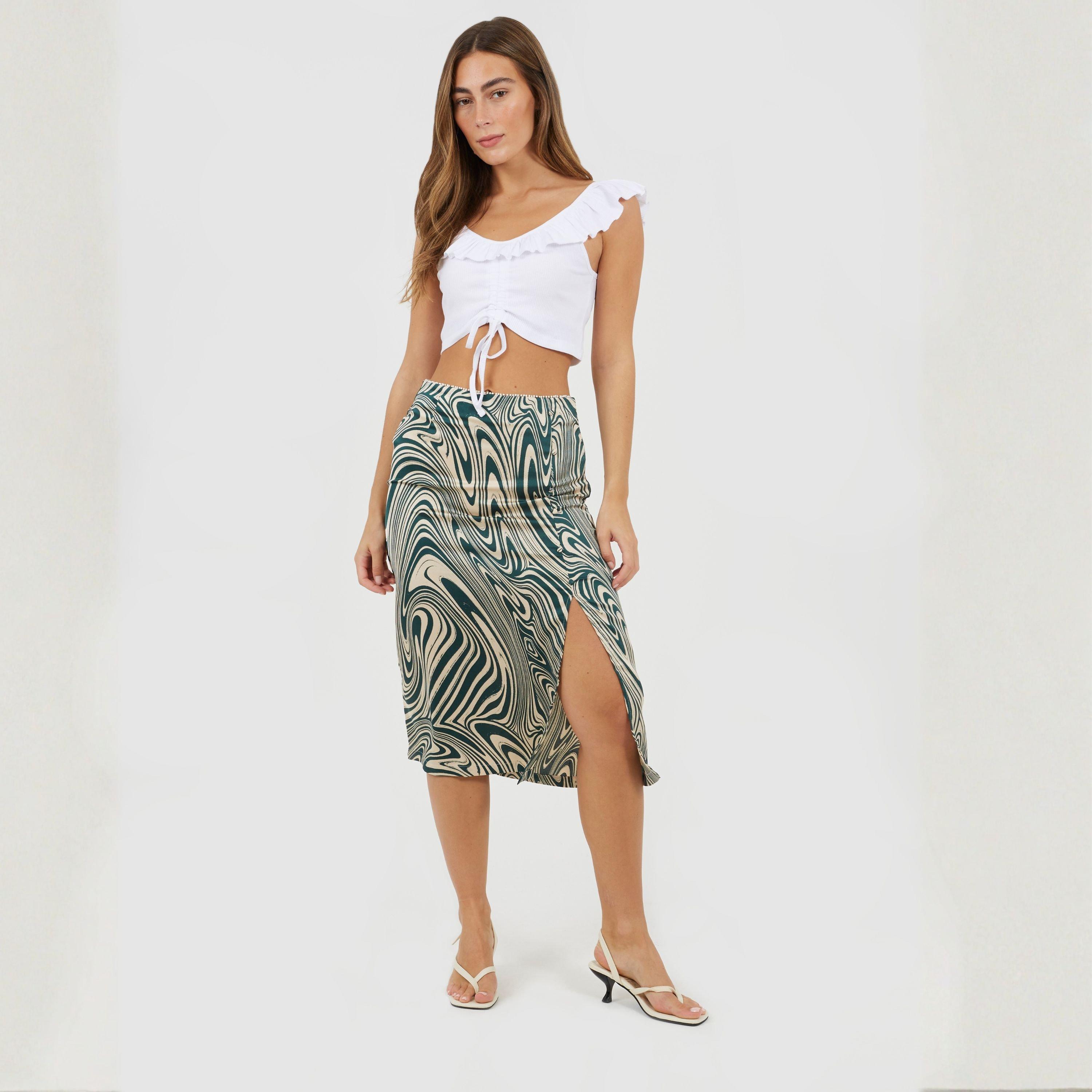 Green Swirl - Brave Soul - Womens Swirl Print Skirt with Buttons & Split - 4