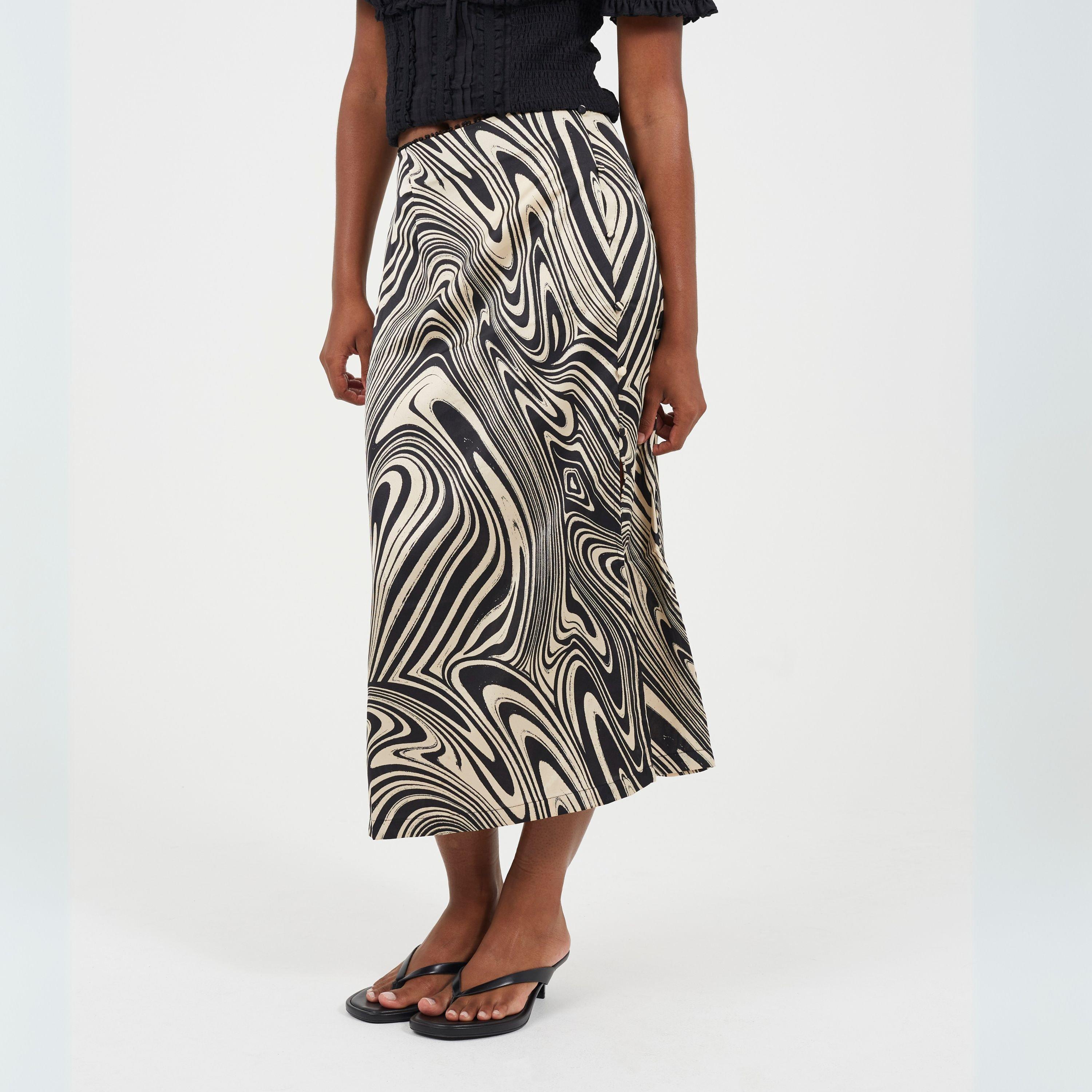 Black Swirl - Brave Soul - Womens Swirl Print Skirt with Buttons & Split - 1