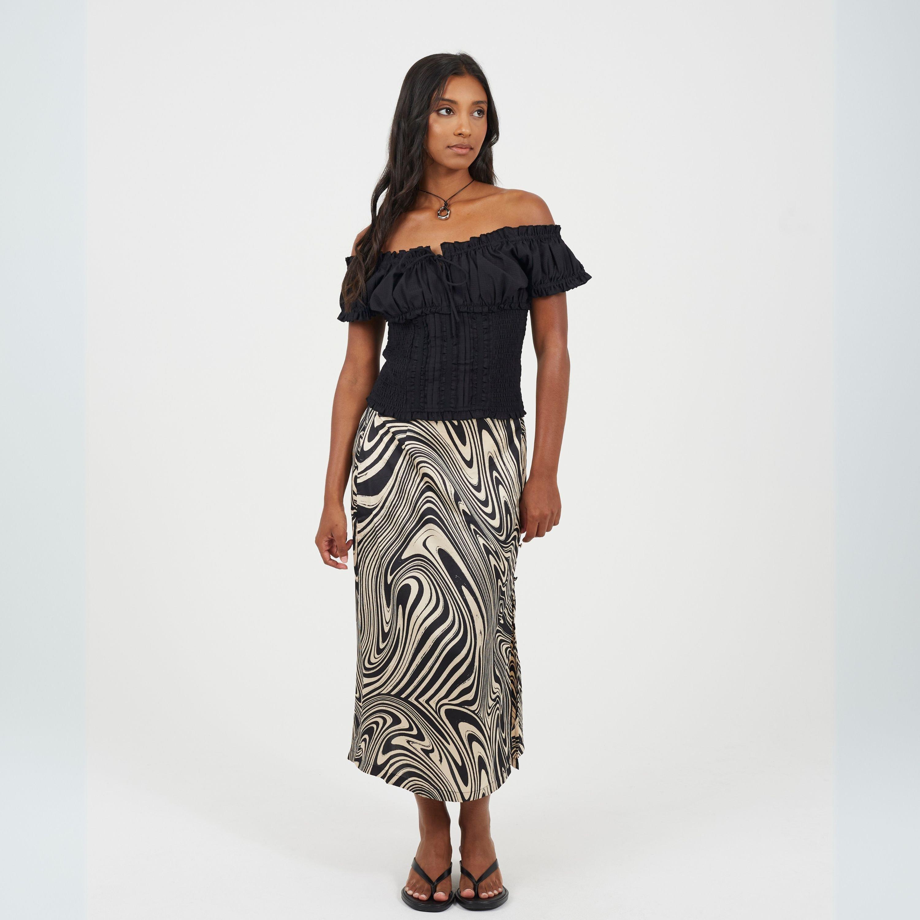 Black Swirl - Brave Soul - Womens Swirl Print Skirt with Buttons & Split - 4