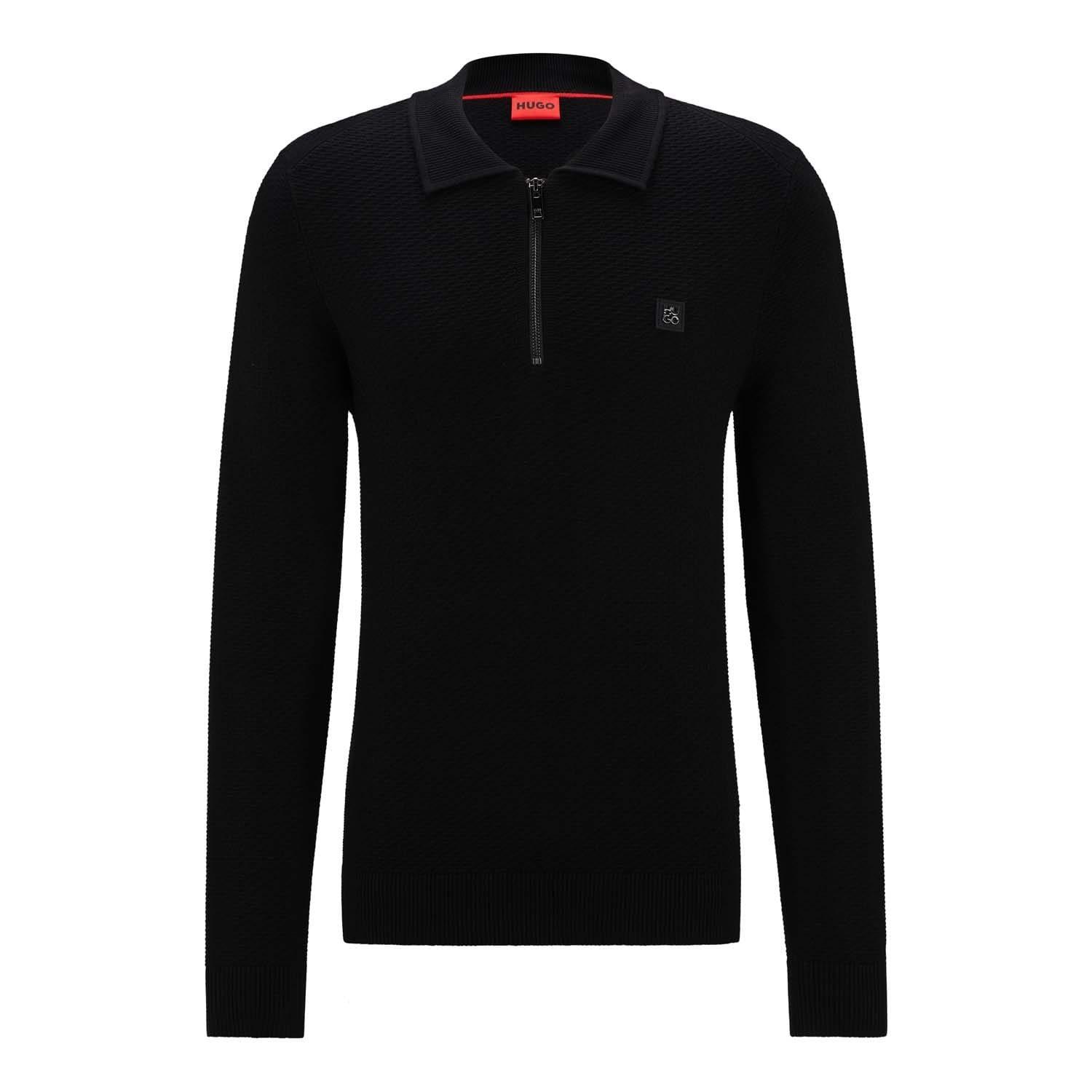 Black - Hugo - Sastoon Stacked Logo Zip-Neck Knit Polo Shirt - 1