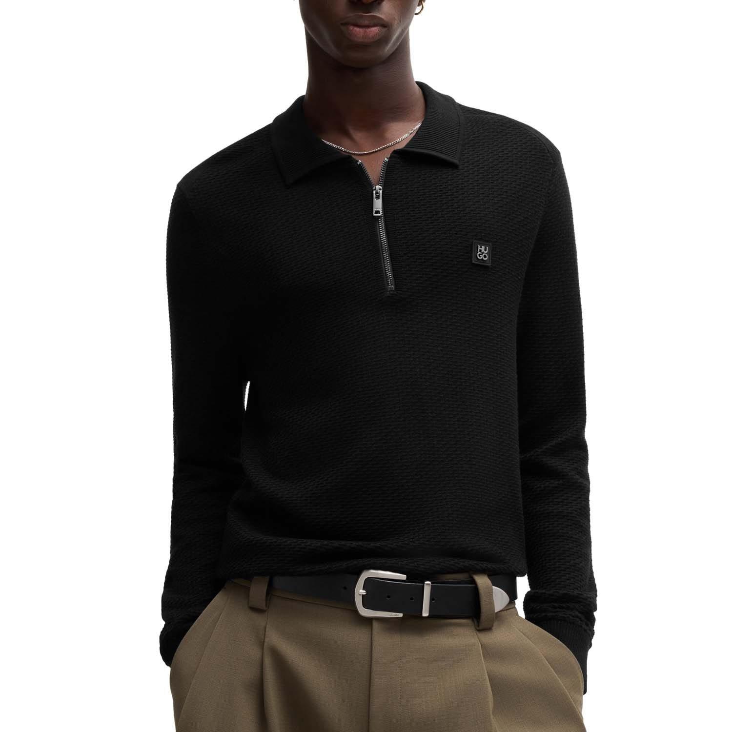 Black - Hugo - Sastoon Stacked Logo Zip-Neck Knit Polo Shirt - 3