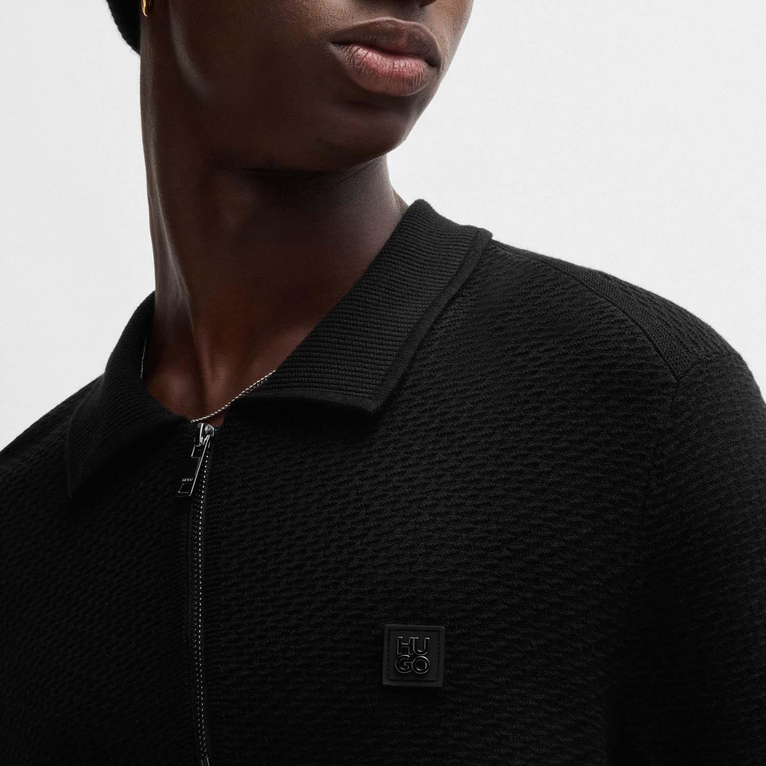 Black - Hugo - Sastoon Stacked Logo Zip-Neck Knit Polo Shirt - 4