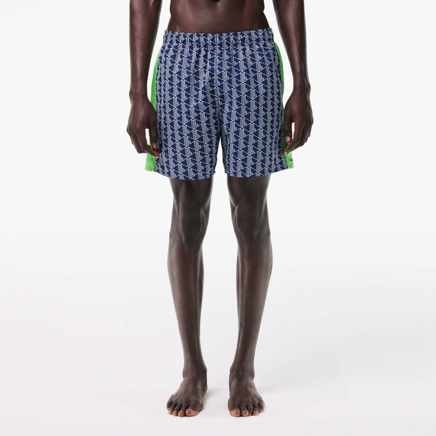 Multi Colour - Lacoste - Mid Length Monogram Print Swim Trunks - 1