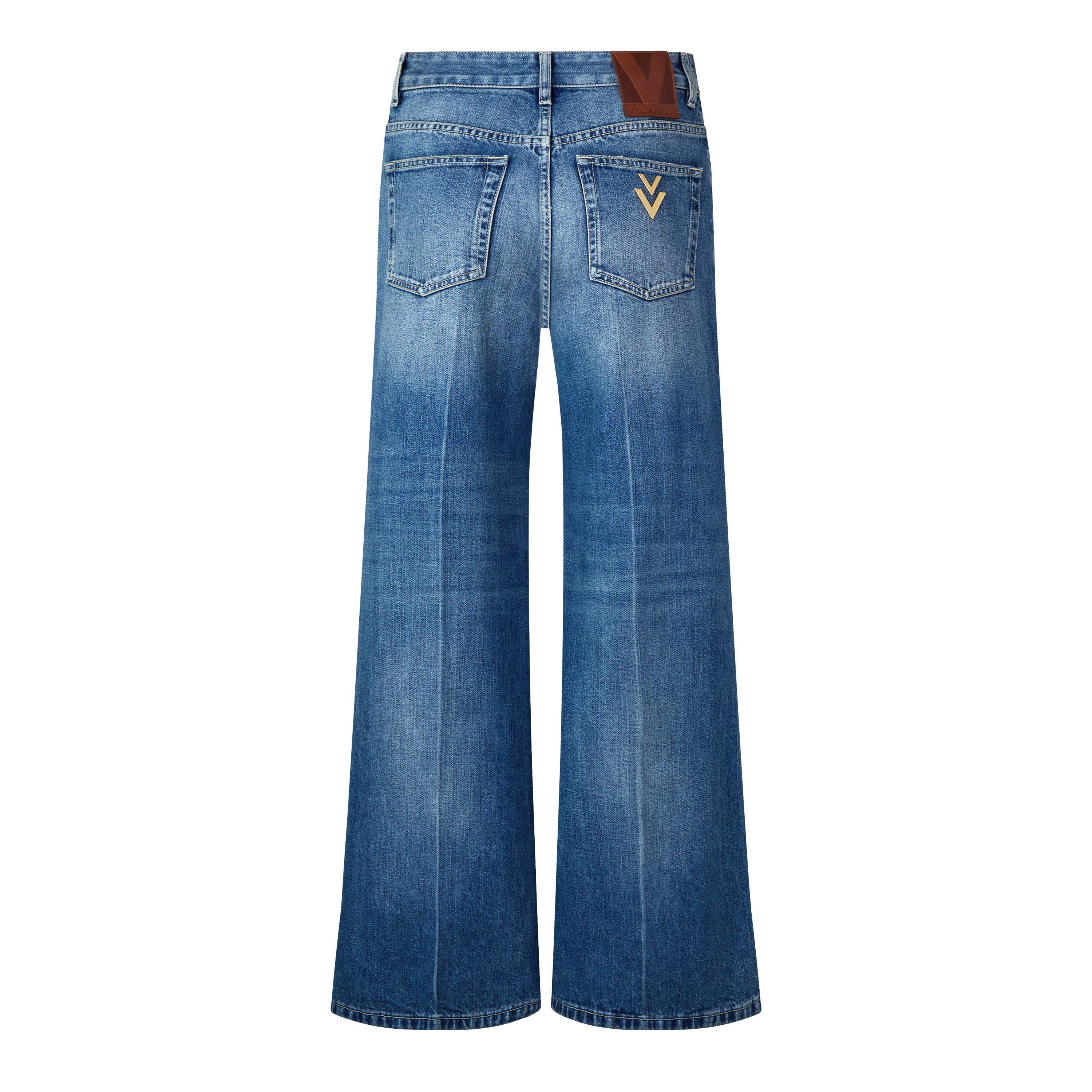 Valentino | Women's VV Cotton Cropped High-Waisted Wide-Leg Jeans