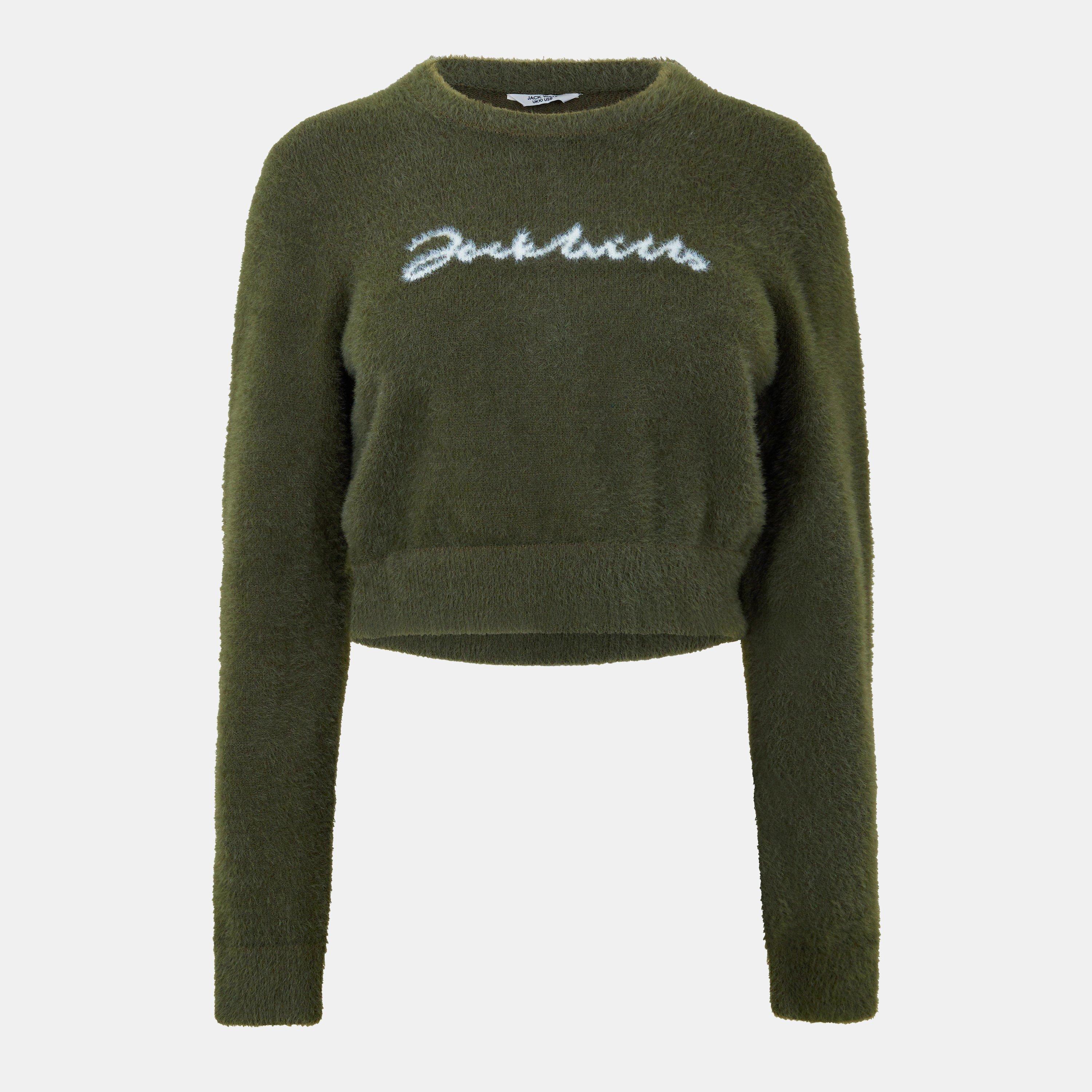 Jack Wills Women's Jw Knitted Jacquard Cropped Crew Neck Jumper - Dark Khaki - 12 (M)