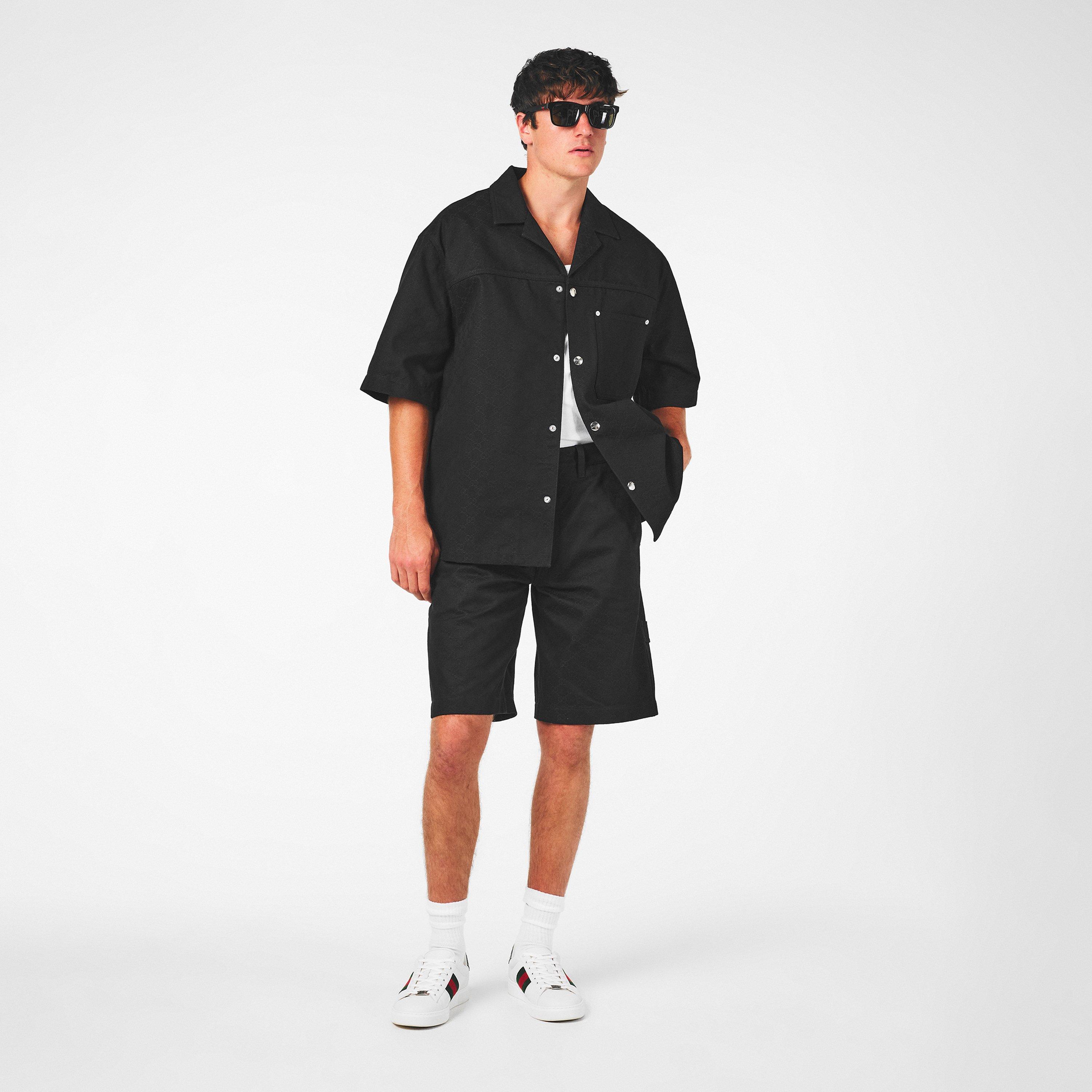 シャツ+ブラウス(半袖+袖なし) GUCCI Short-sleeved shirt Bamboo cotton GG linen blend canvas shirt in camel and ebony | GUCCI® US