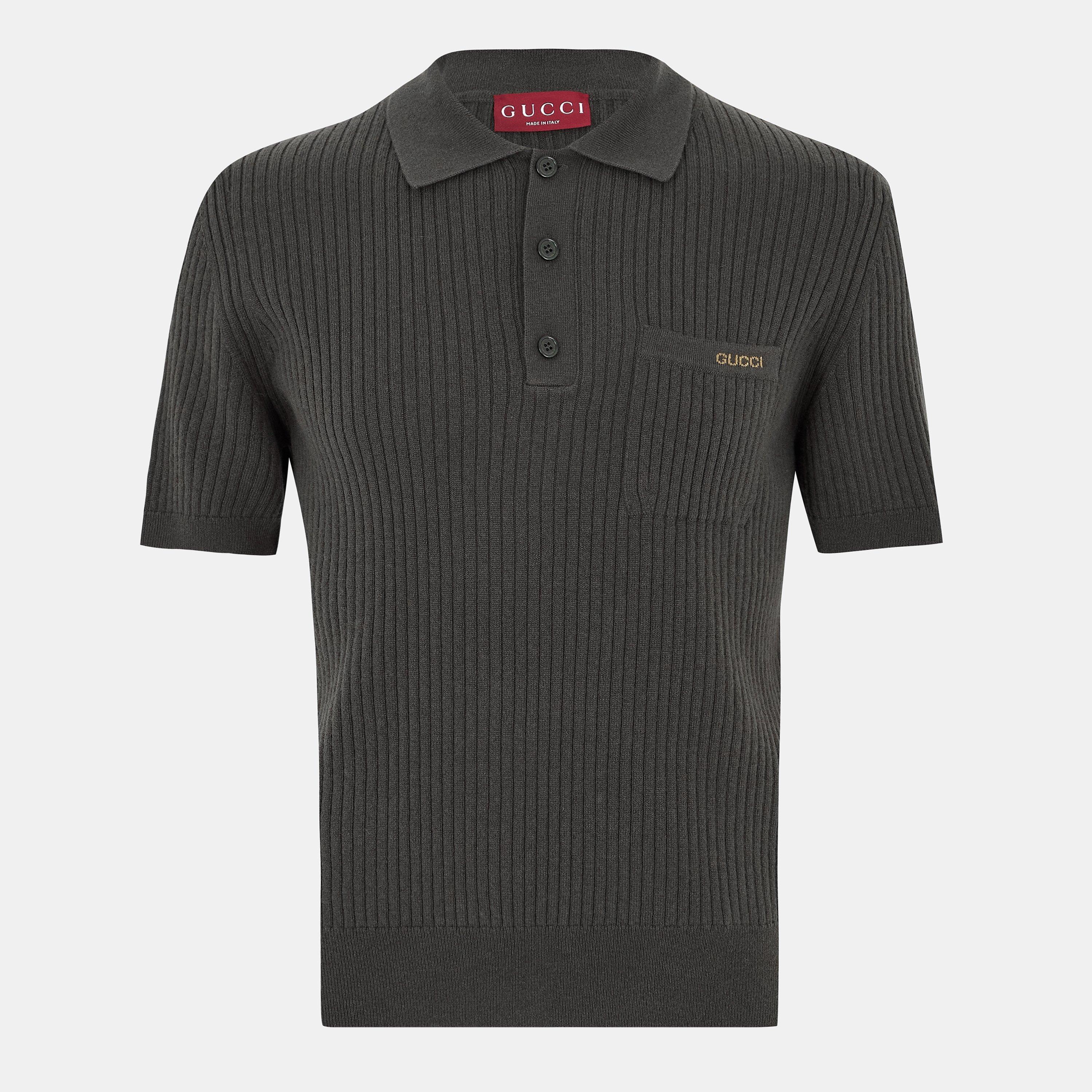 Gucci Mens Rib Knit Polo Shirt - Military Green - M