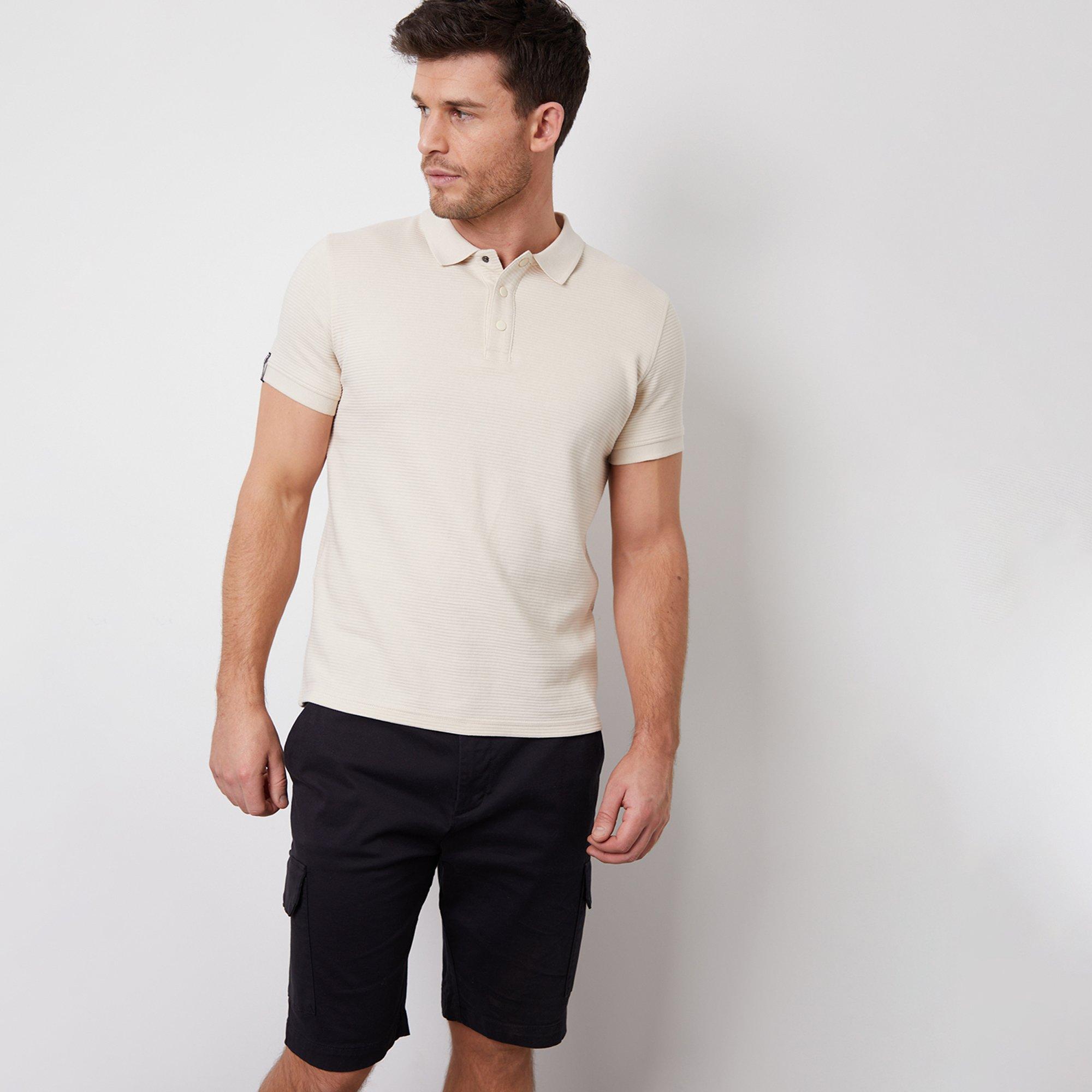 Threadbare Men's Ottoman Rib Textured Cotton Polo Shirt - Stone - XL