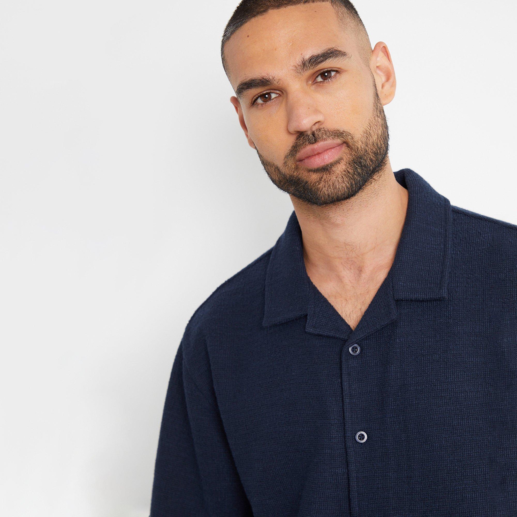 Navy - Threadbare - Antti Textured Revere Collar Short Sleeve Shirt - 4