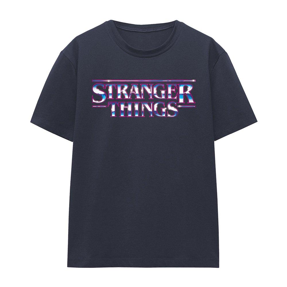 Navy - Stranger Things - Stranger Things Chrome Metal Logo Ladies T Shirt - 4