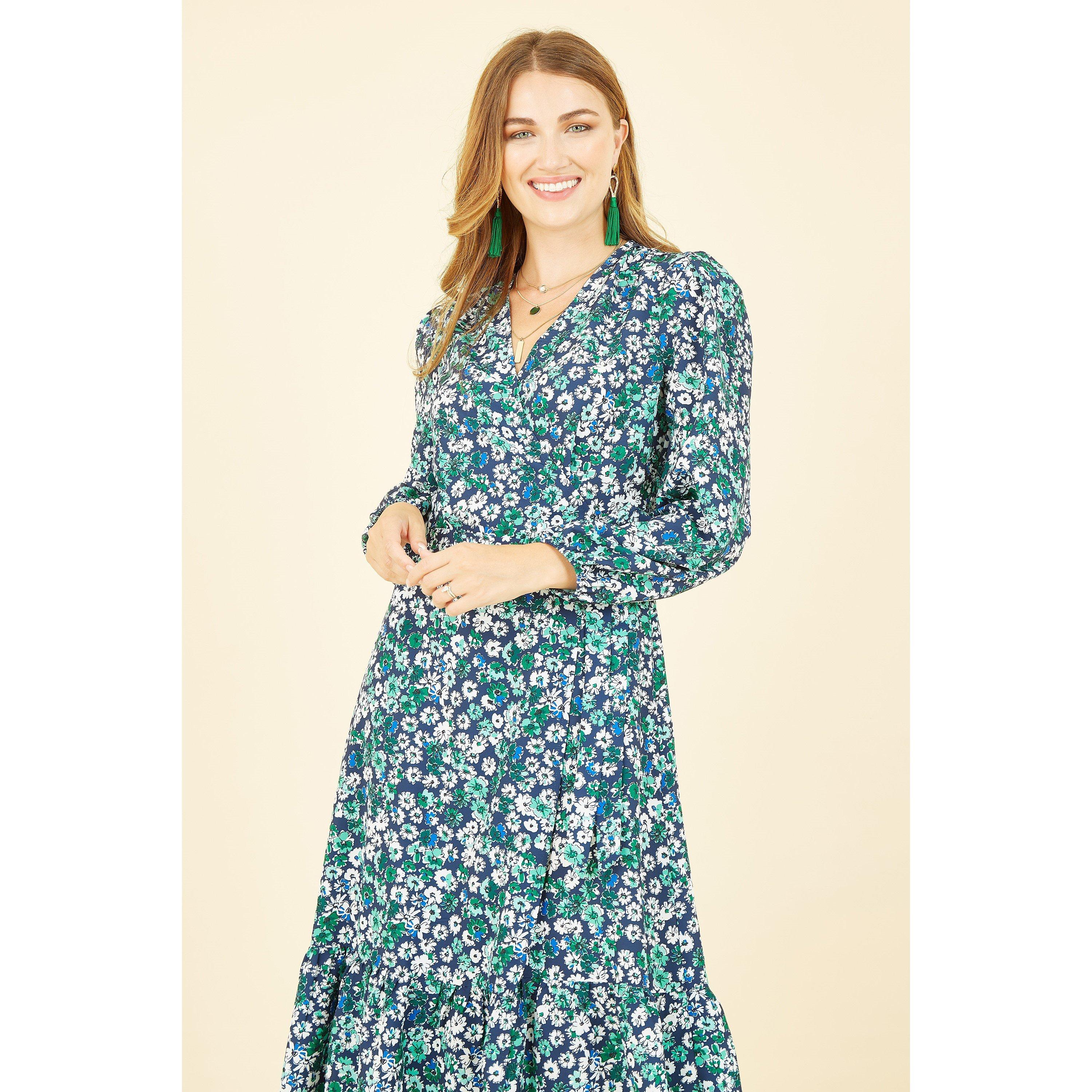 Green - Yumi - Green Daisy Print Wrap Midi Dress - 3