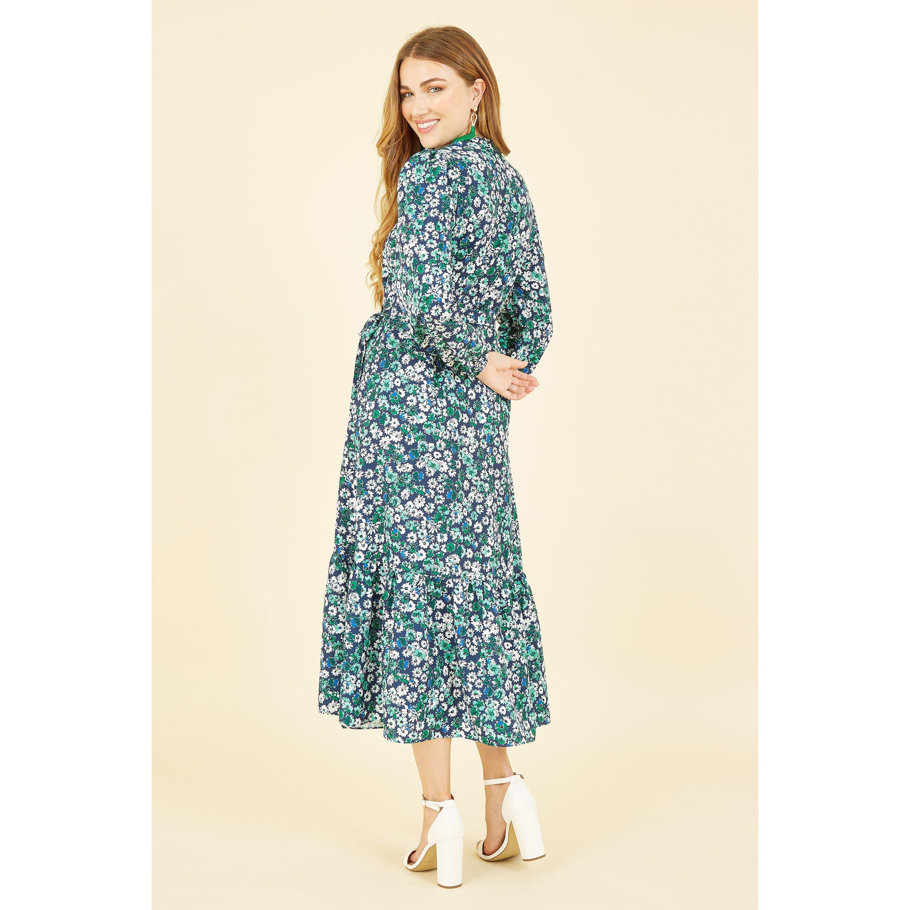 Green - Yumi - Green Daisy Print Wrap Midi Dress - 4