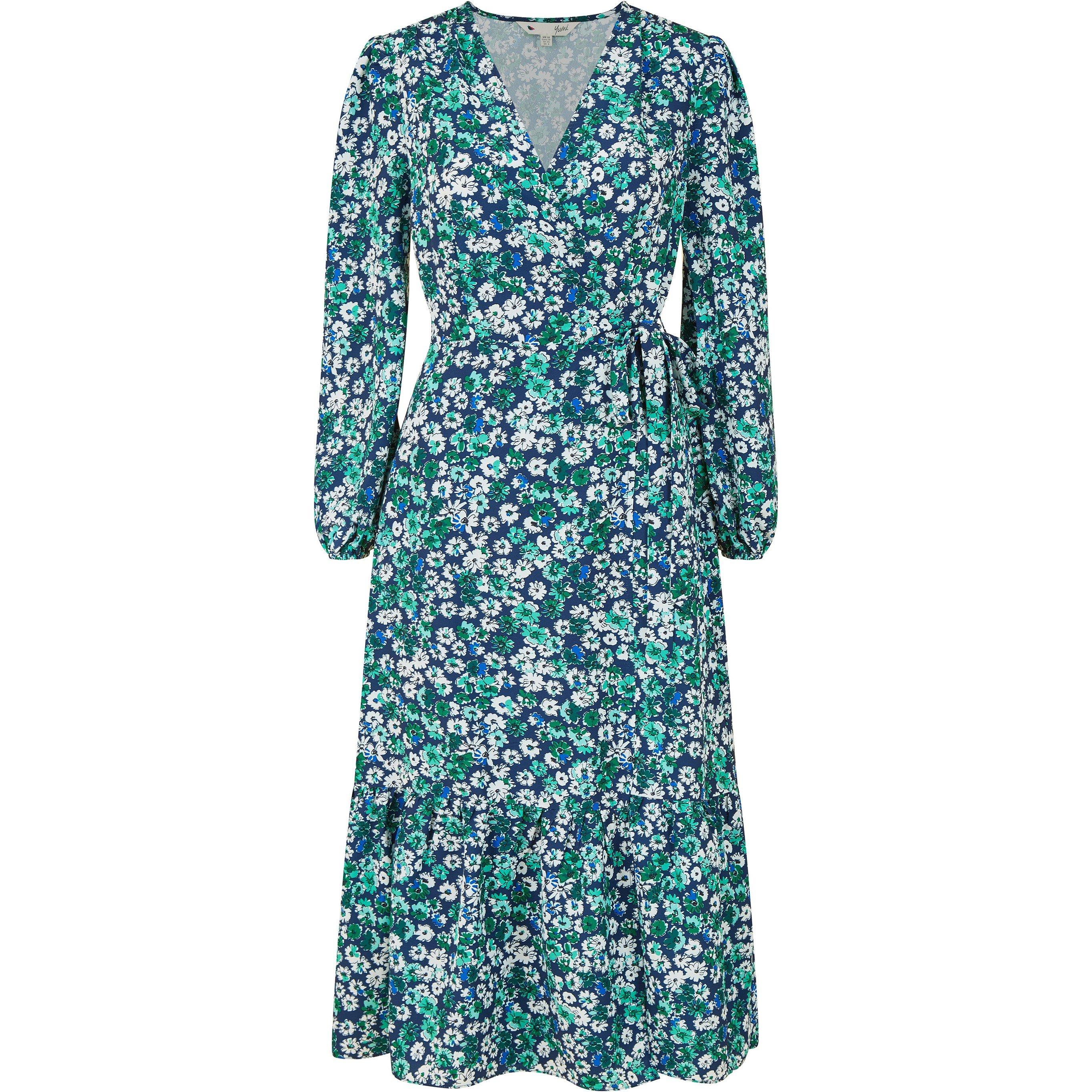 Green - Yumi - Green Daisy Print Wrap Midi Dress - 5