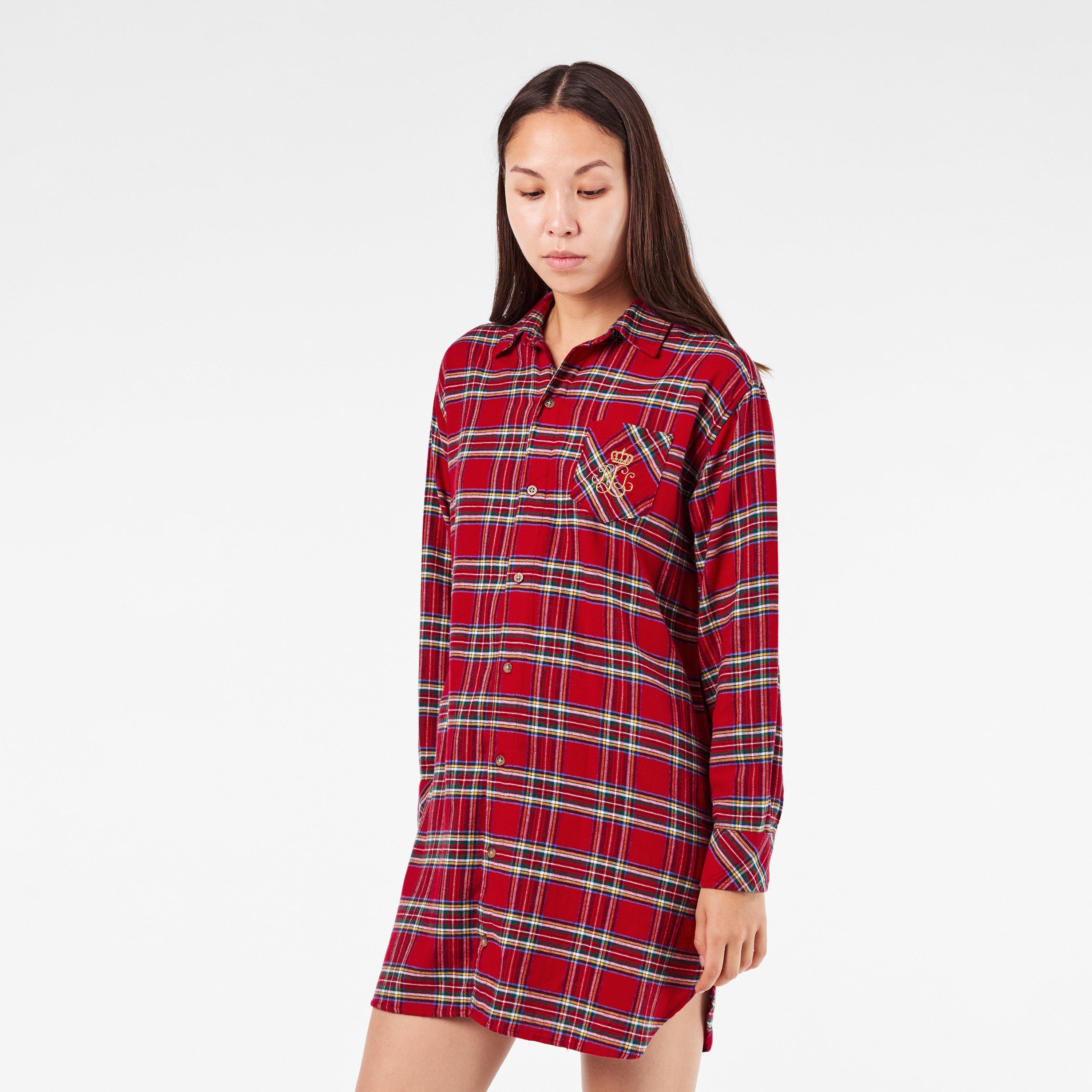 Red Plaid - Lauren by Ralph Lauren - Women's Real Leather Twill Nightshirt - 3