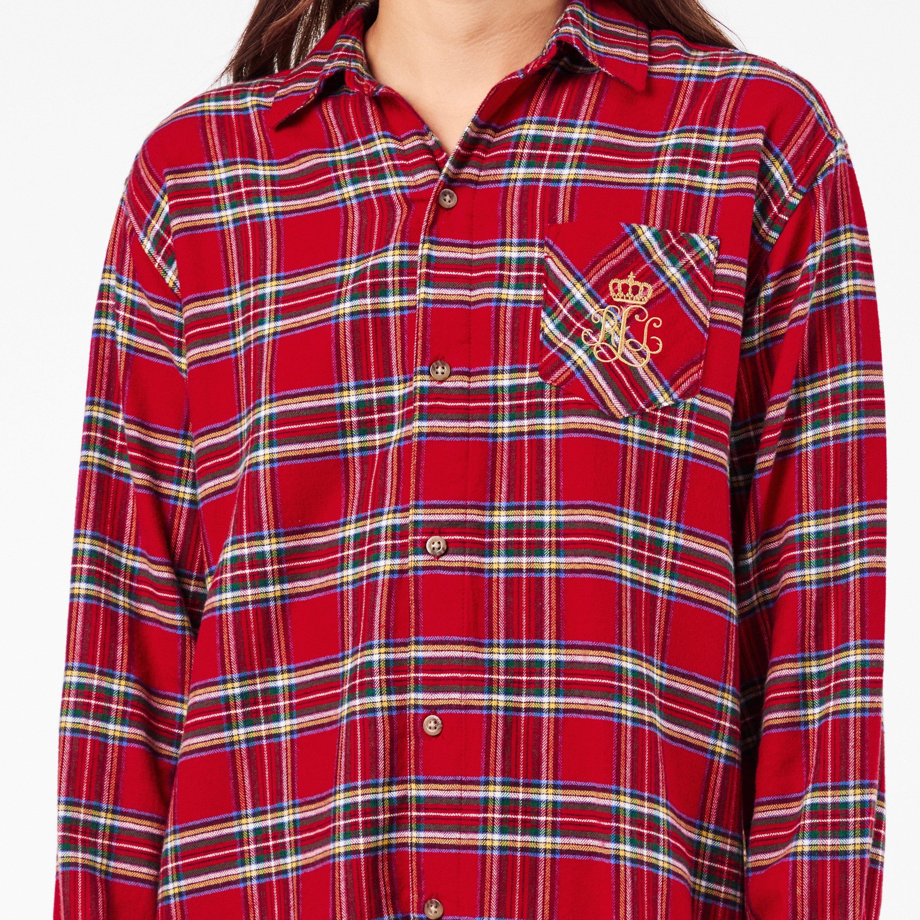Red Plaid - Lauren by Ralph Lauren - Women's Real Leather Twill Nightshirt - 5