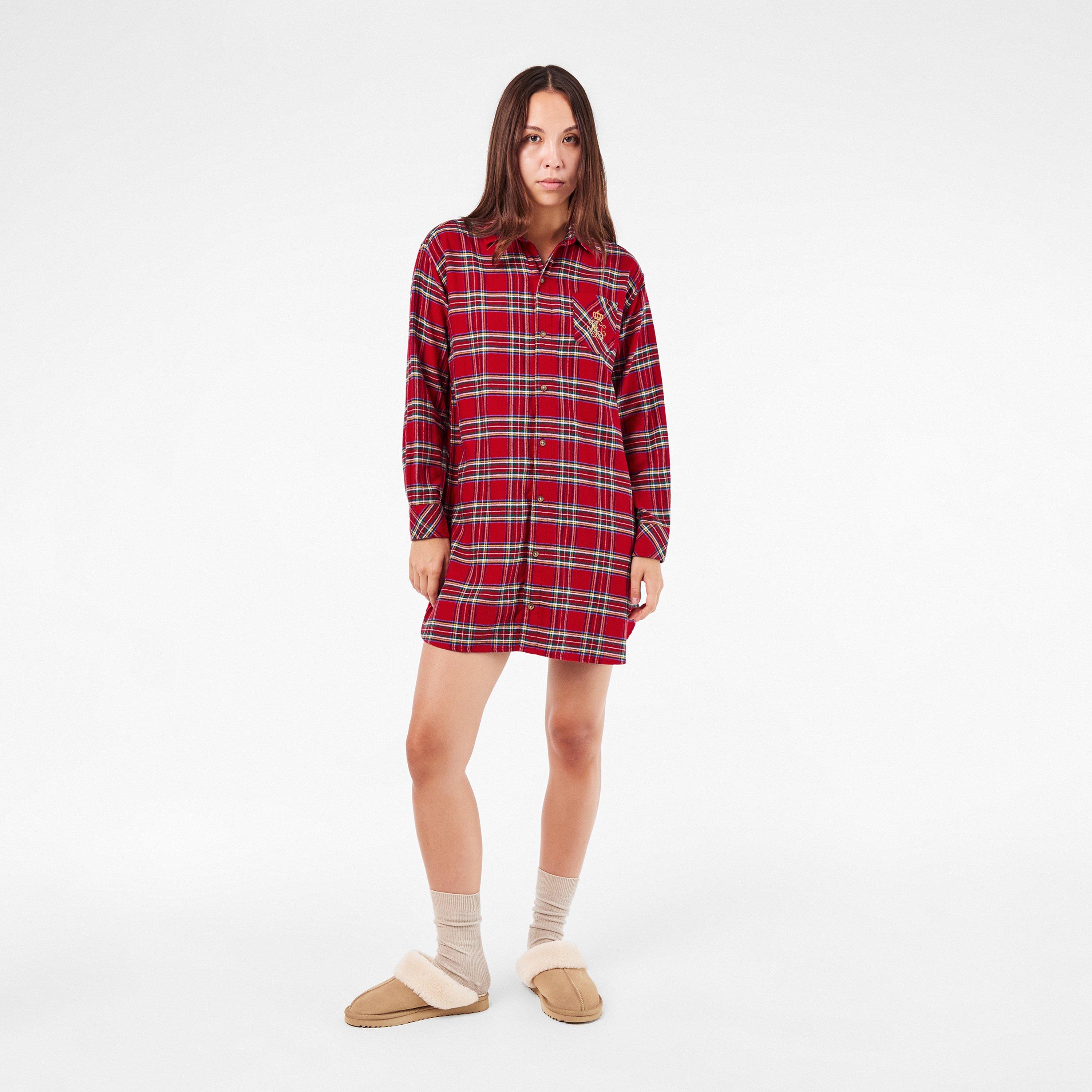 Red Plaid - Lauren by Ralph Lauren - Women's Real Leather Twill Nightshirt - 6