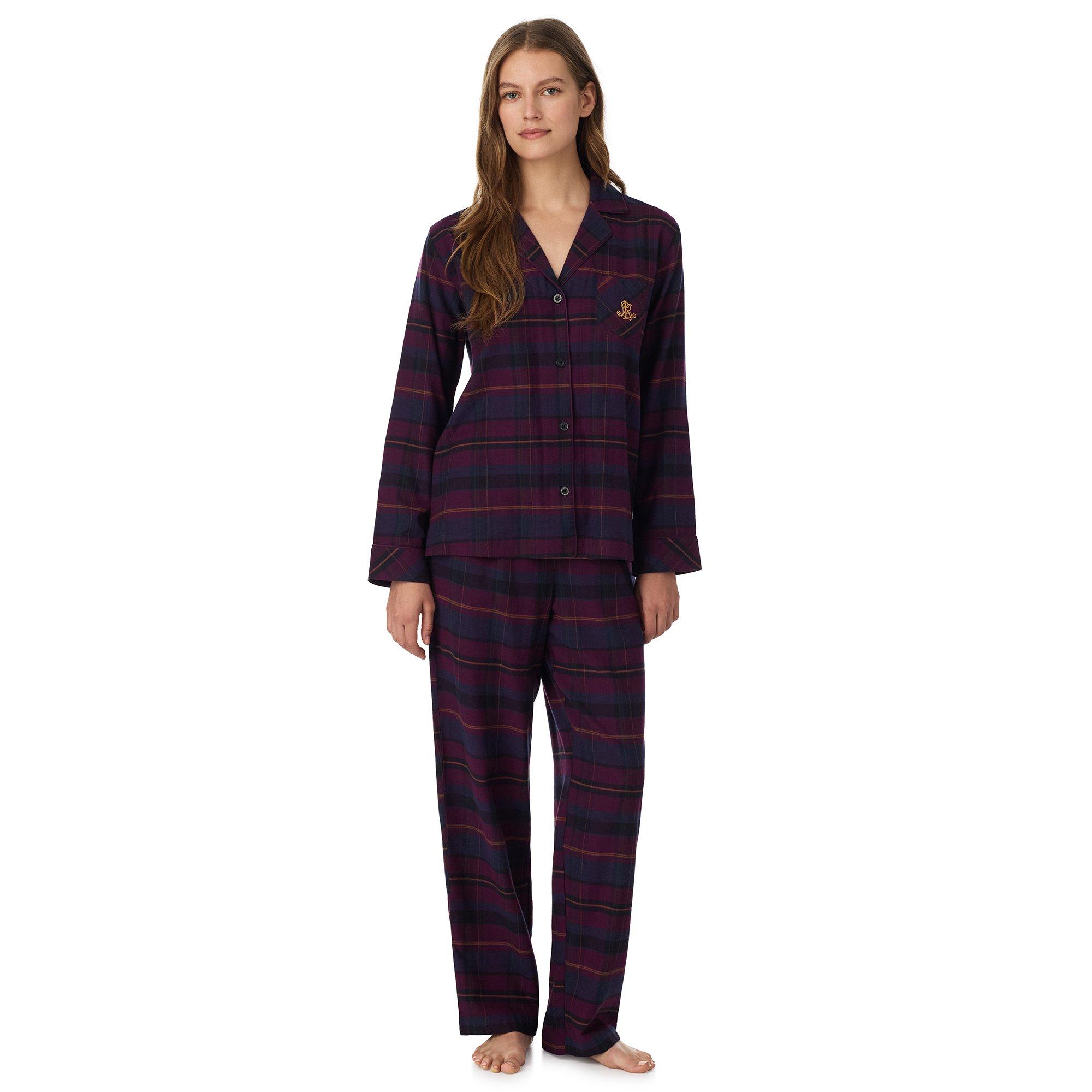 Burgundy Pr - Lauren by Ralph Lauren - Women's Long Sleeve Contrast Piping Pyjama Set - 1