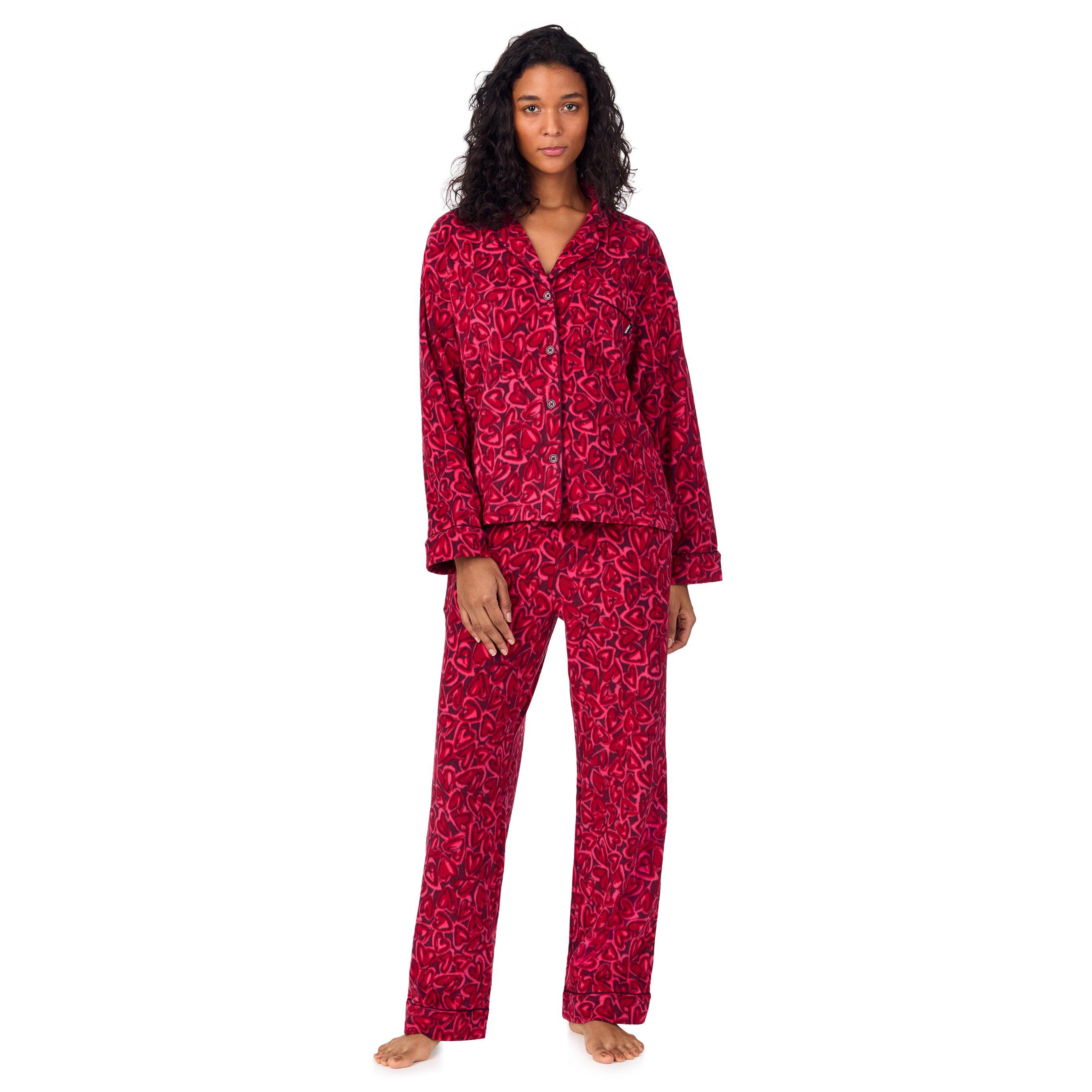 DKNY Women's Long-Sleeve Fleece Pyjama Sets - Red Heartlines