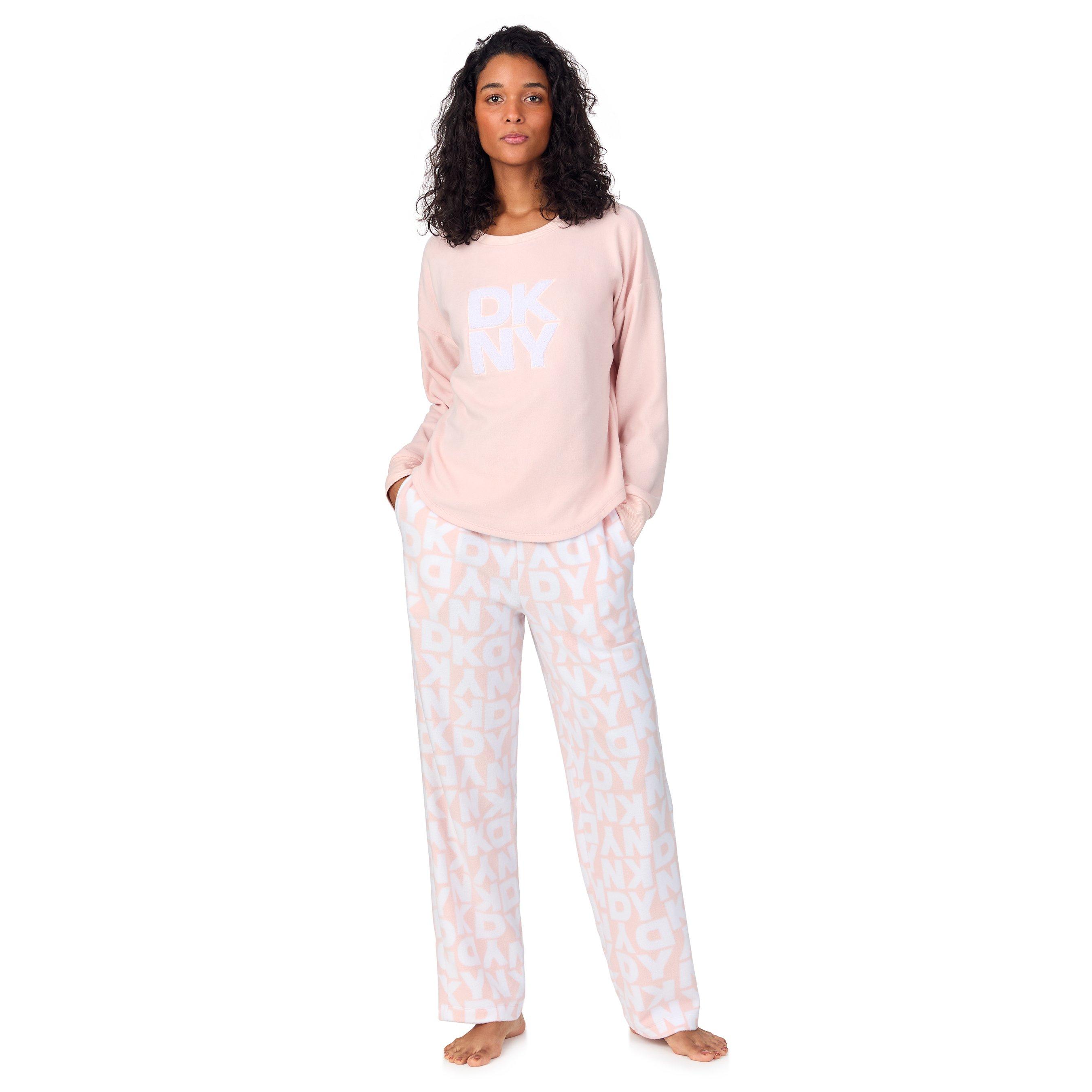 DKNY Women's Long Sleeve Pyjama Set - Pink Letters - Size 12 (M)