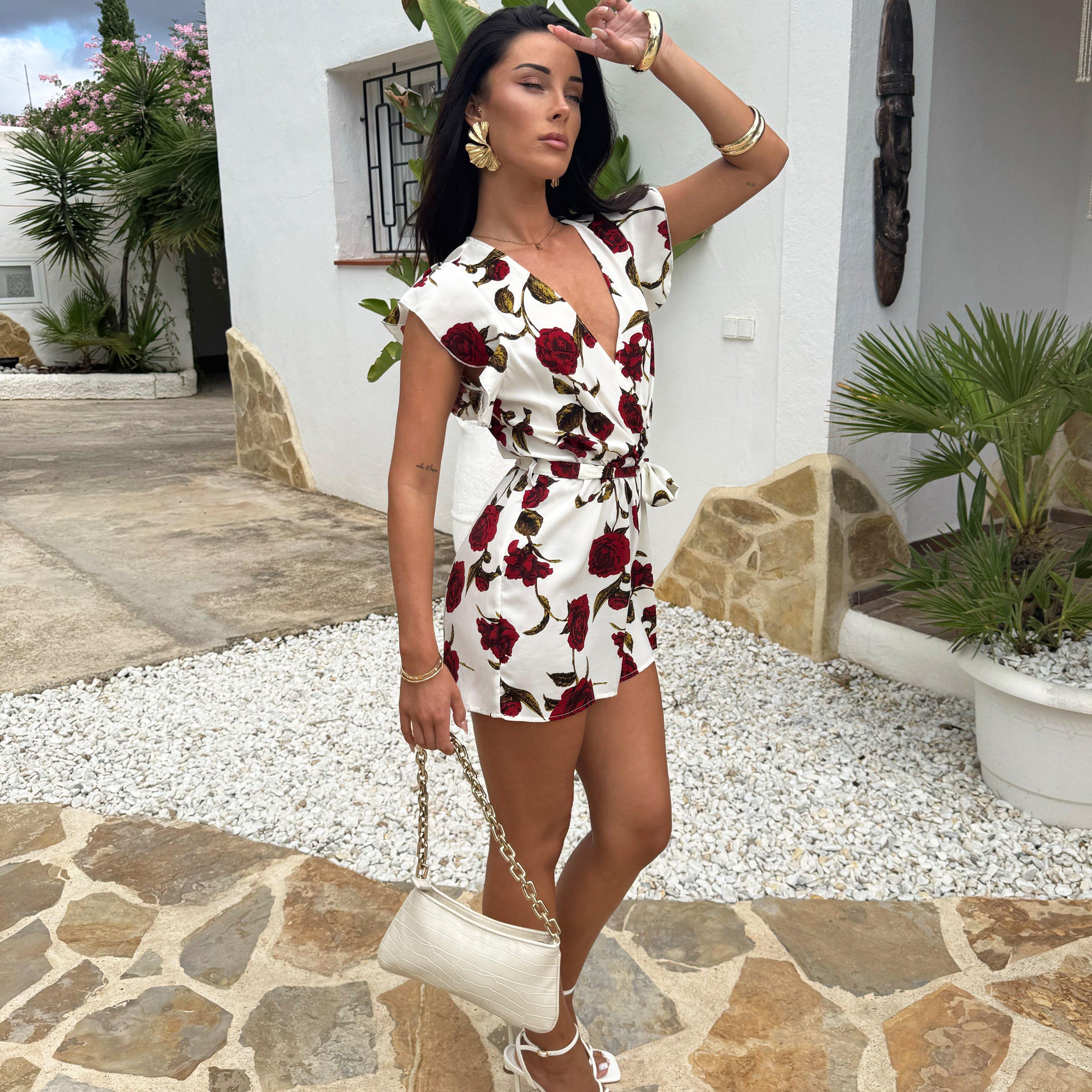 Cream - AX Paris - Rose Printed Flutter Sleeve Tie Waist Playsuit - 4