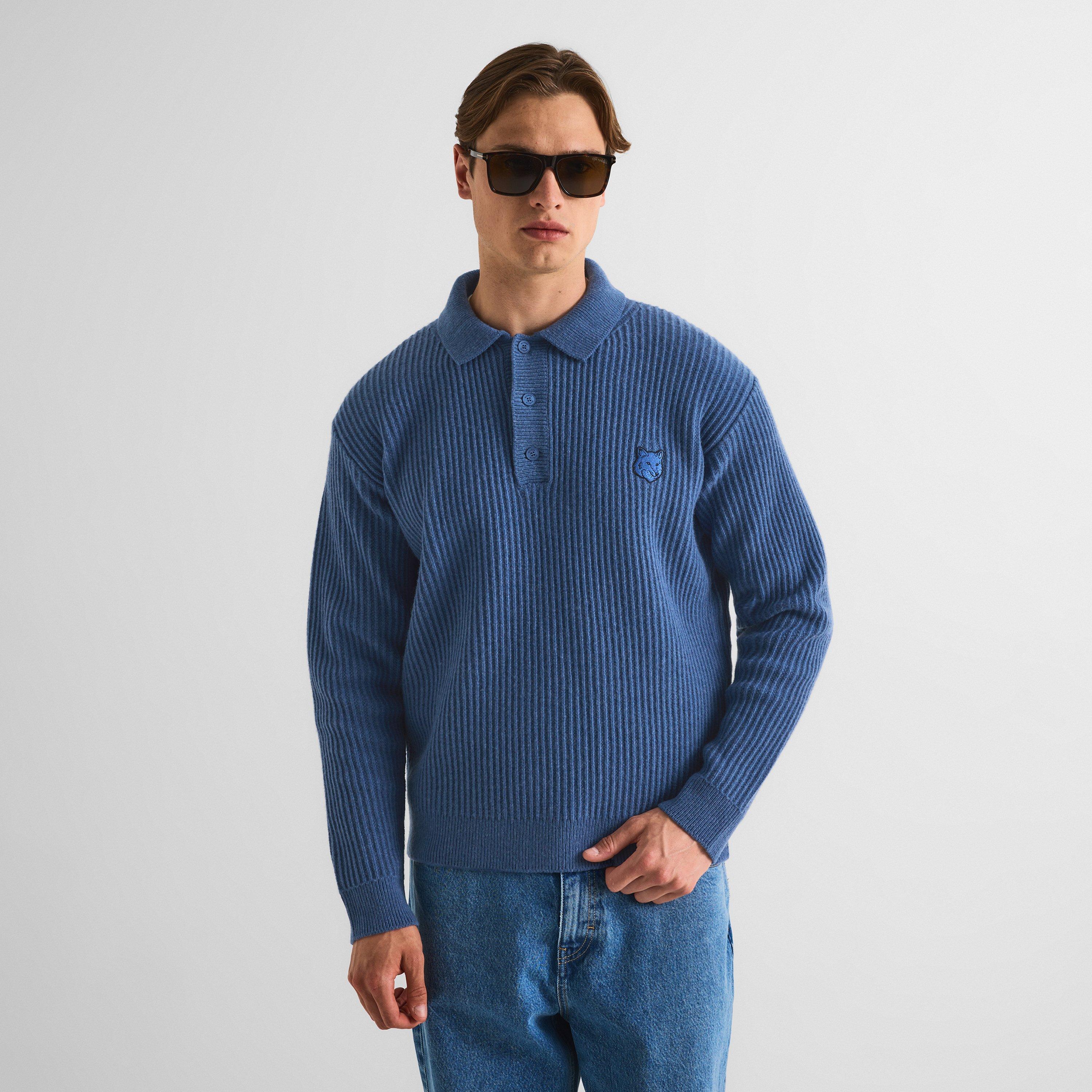 Lapis Blue - Maison Kitsune - Men's Fox Hooded Wool Jumper Knitted Long Sleeve Polo Shirt - 3