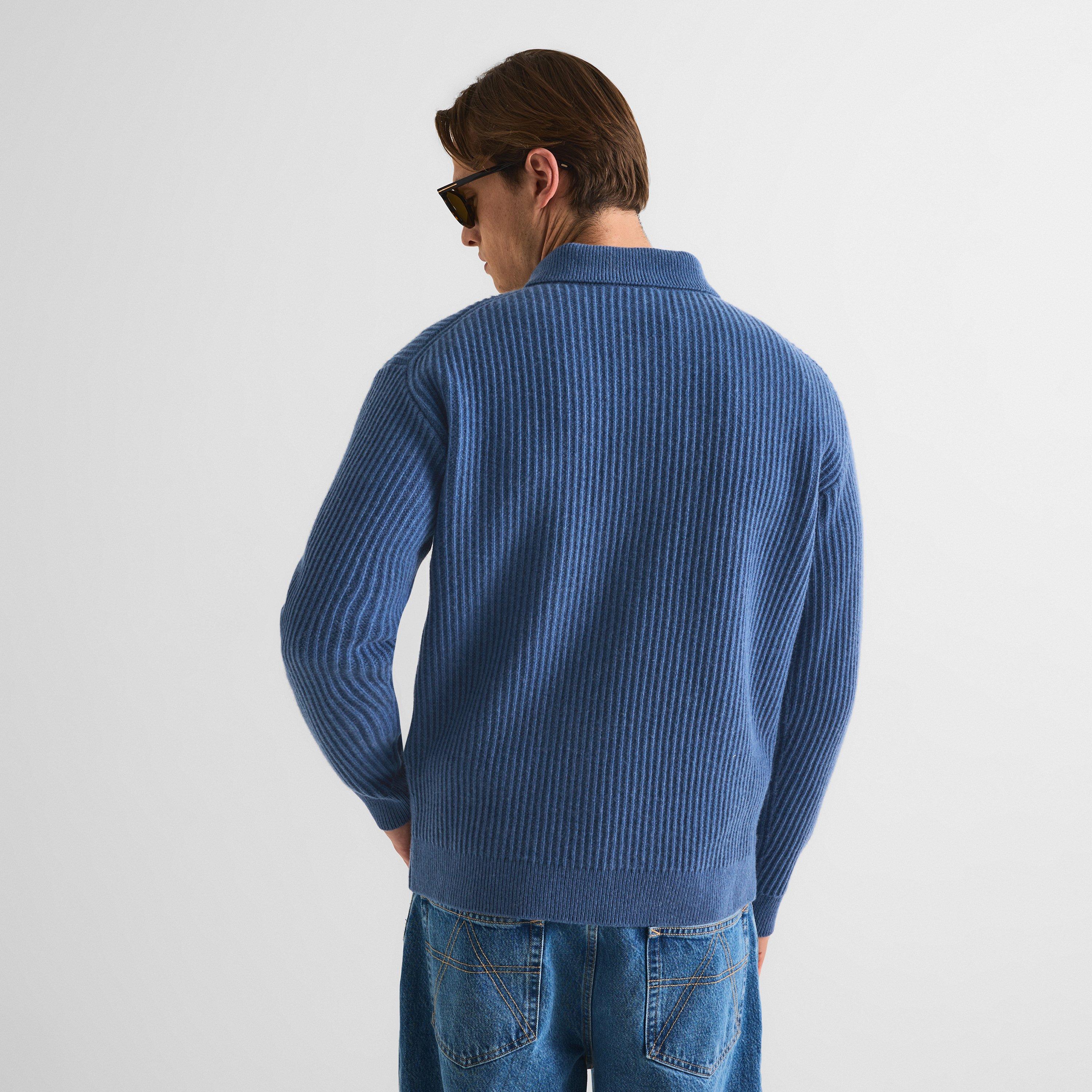 Lapis Blue - Maison Kitsune - Men's Fox Hooded Wool Jumper Knitted Long Sleeve Polo Shirt - 4