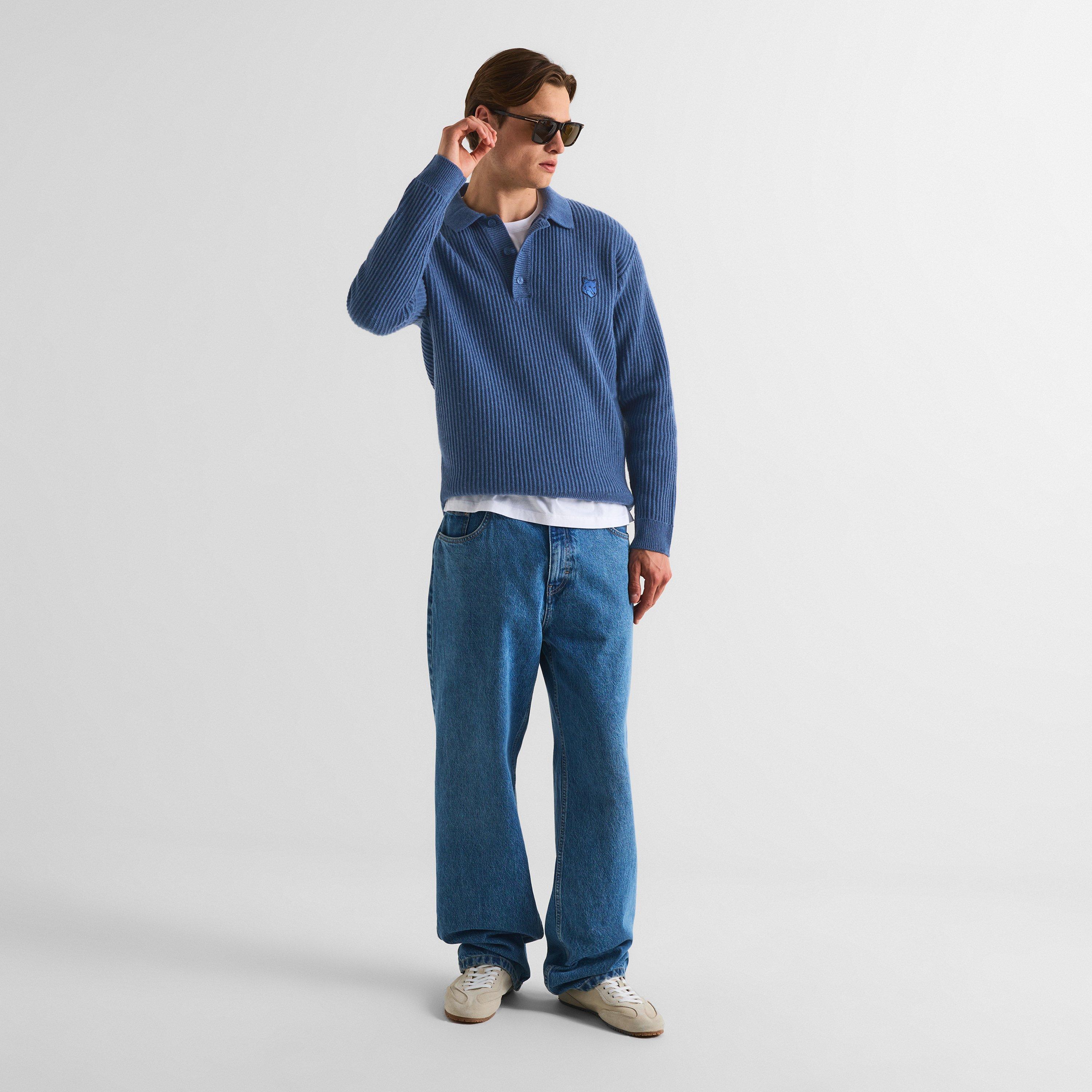 Lapis Blue - Maison Kitsune - Men's Fox Hooded Wool Jumper Knitted Long Sleeve Polo Shirt - 6