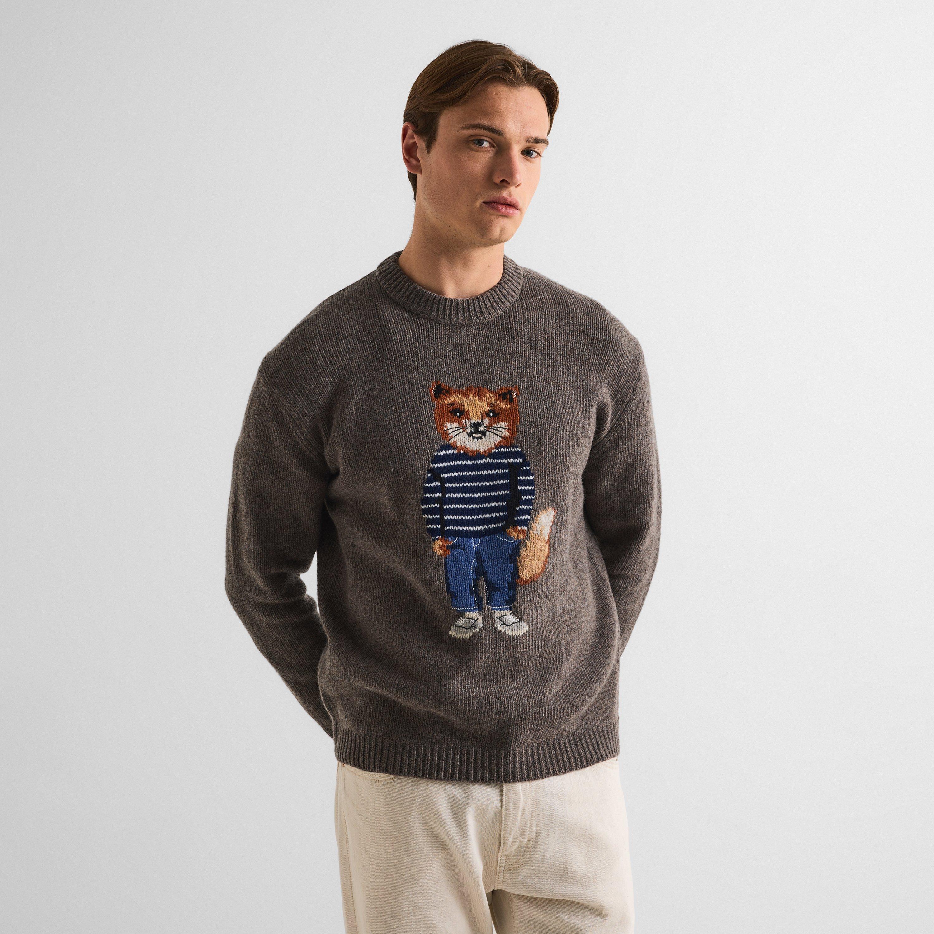 Grey Melange - Maison Kitsune - Men's Dressed Fox Intarsia Wool Crew Neck Jumper - 3