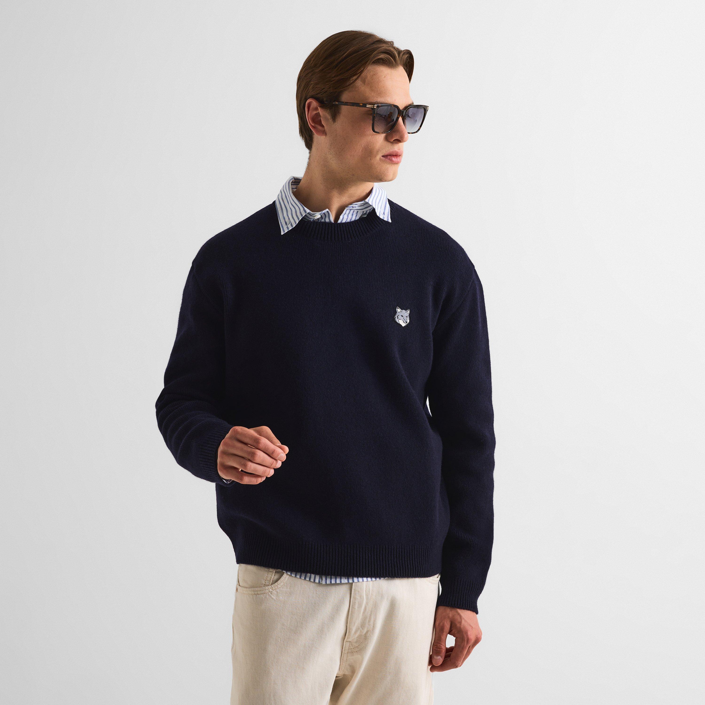 Classic Navy - Maison Kitsune - Men's Fox Hood Milano Lamb Crew Neck Jumper - 3