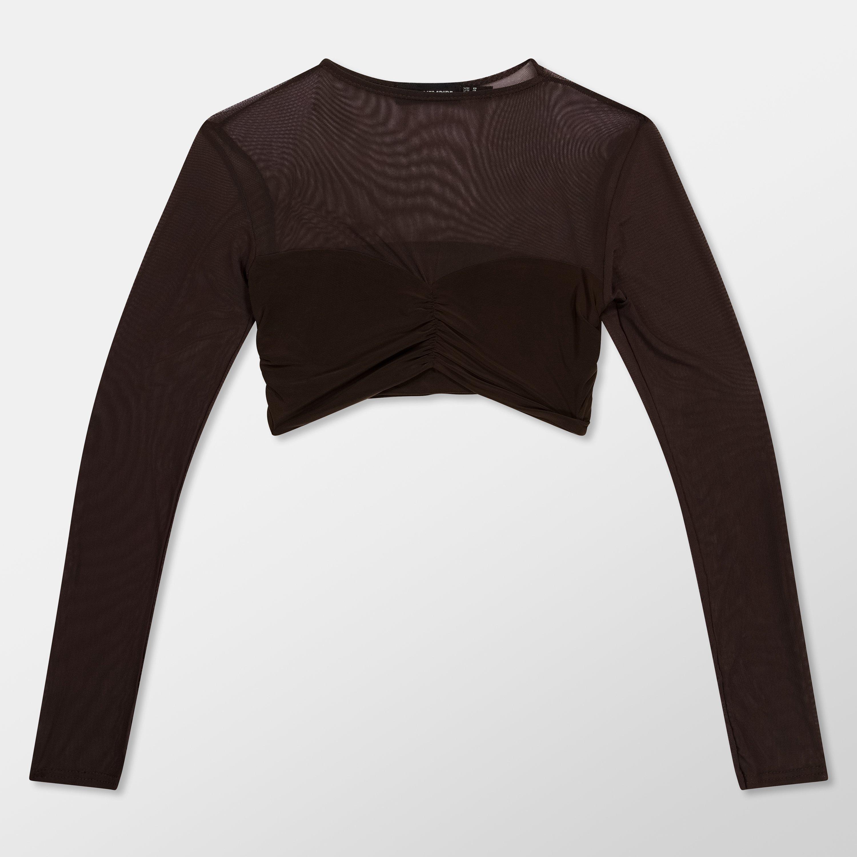 Missy Empire Women's Mesh Sleeve Slinky Top - Chocolate - 14 (L)