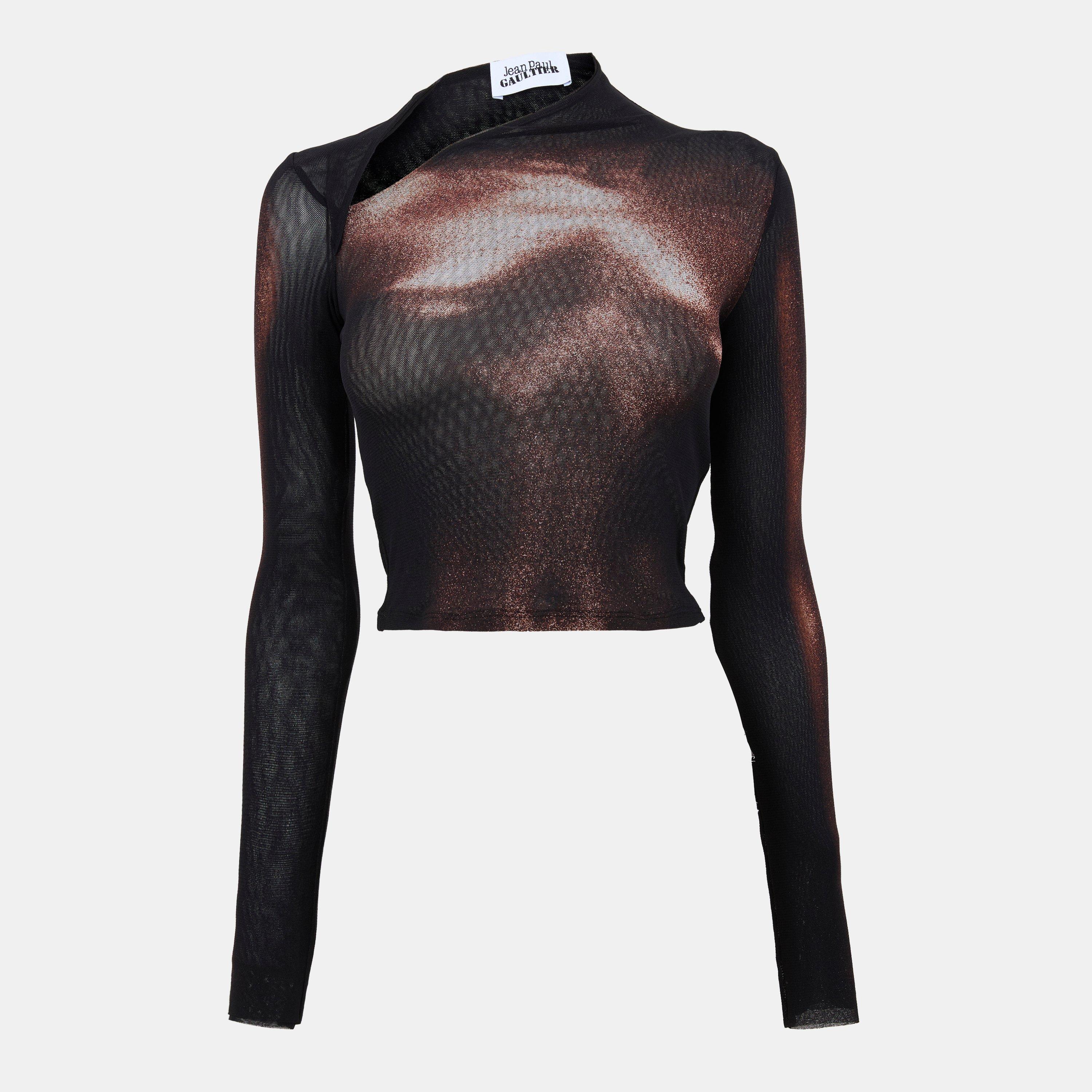 Black/Brown - Jean Paul Gaultier - Women's Long Sleeve Cropped Crop Top - 1