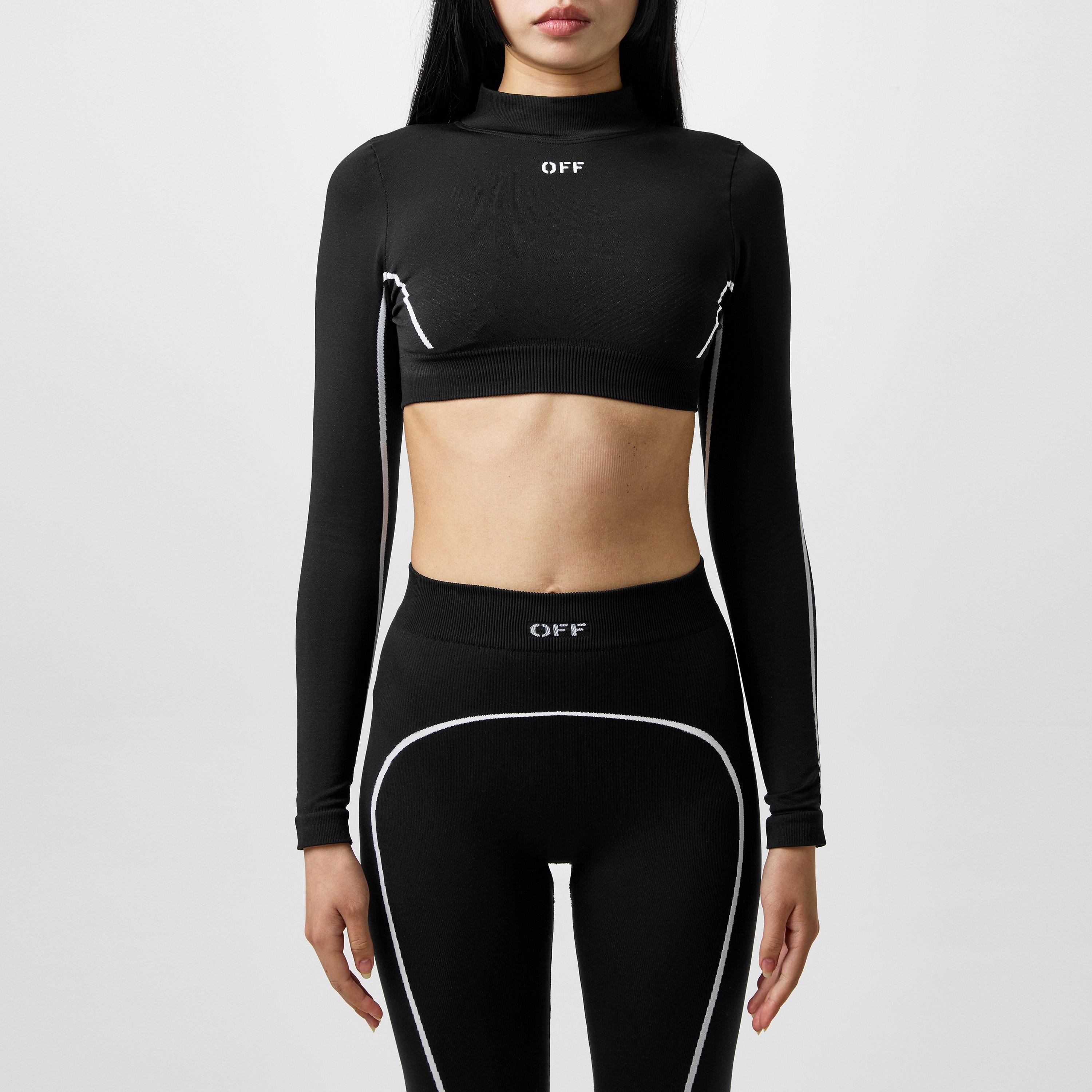 Black - Off White - Women's Long-Sleeve Seamless Crop Top - 3