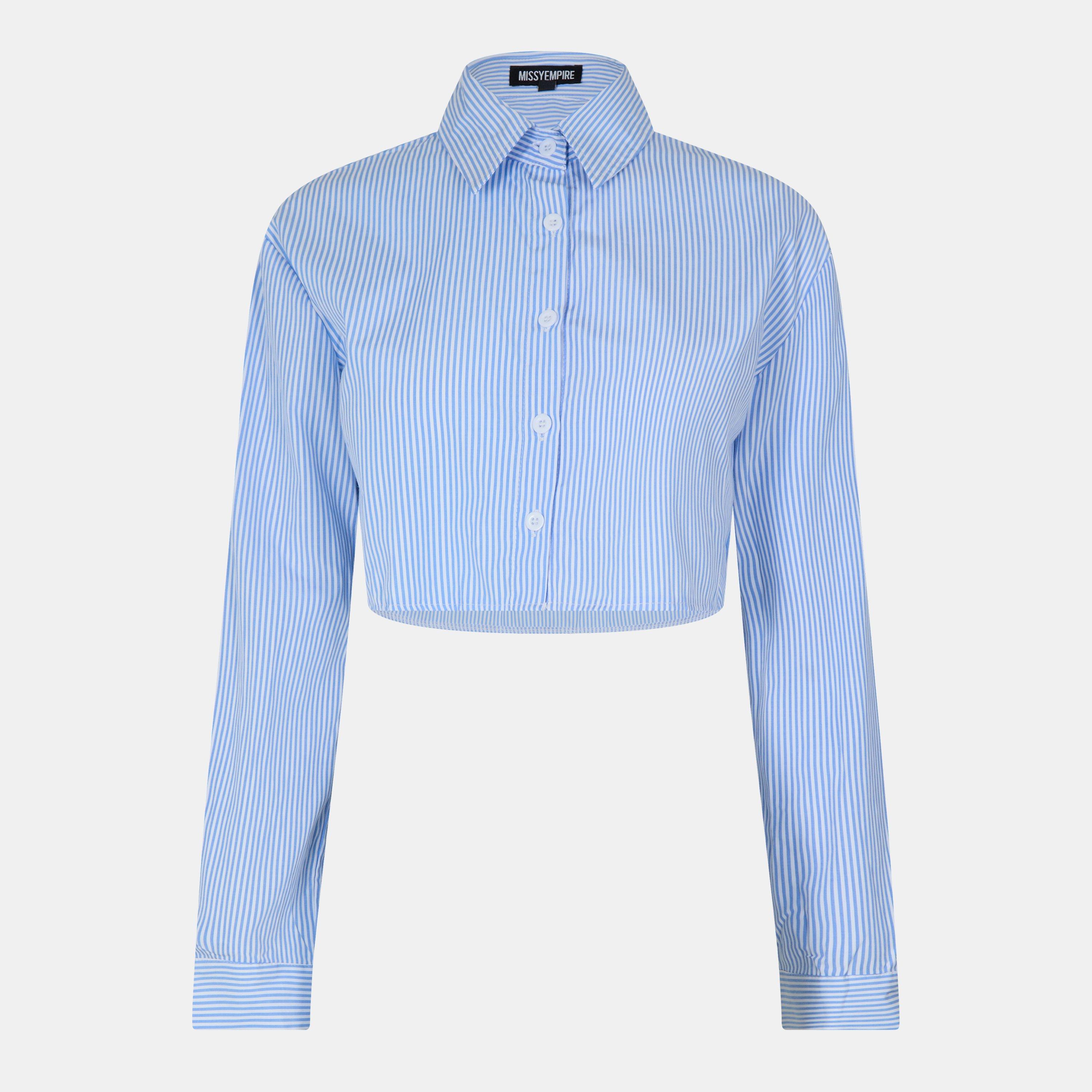 Blue - Missy Empire - Stripe Cotton Cropped Shirt Womens - 1